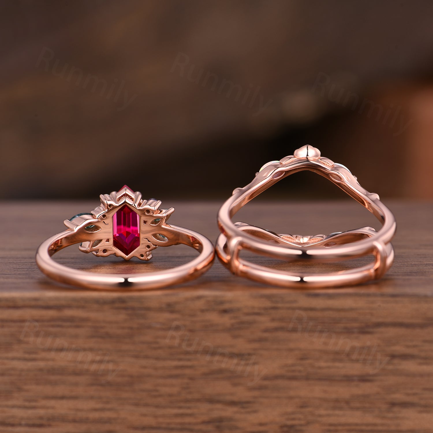 Hexagon cut Ruby Opal engagement ring set women 14k rose gold moss agate branch leaf cluster wedding band Floral promise ring for her