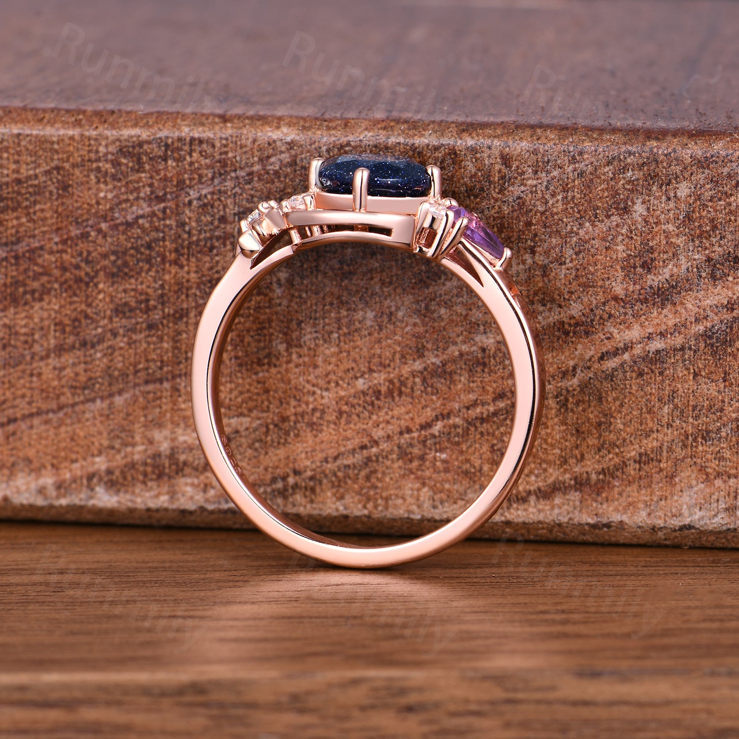 6.5mm Round Galaxy Blue Sandstone Crescent Moon Ring Vintage Art Deco Rose Gold Amethyst Wedding Ring Cluster Promise Rings