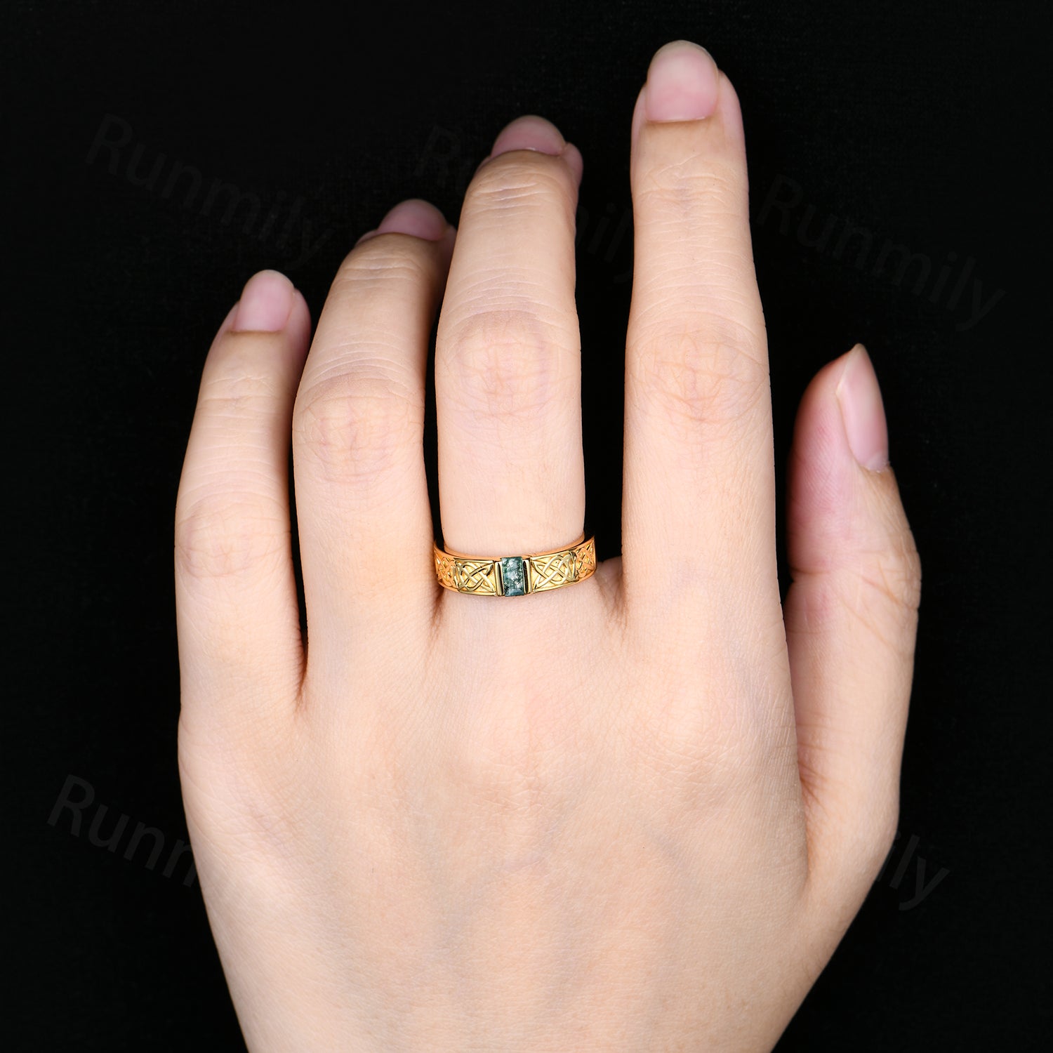 Celtic Knot Ring, Moss Agate Mens Wedding Band, Baguette Cut Gem Ring, Stacking Wedding Band, Yellow Gold Engagement Anniversary Mens Ring