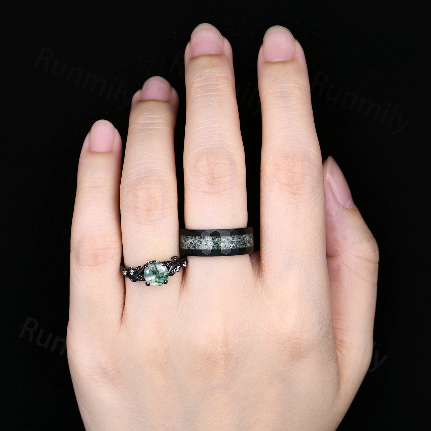 Natural Moss Agate Couples Ring Set Gothic Black Gold His and Her Wedding Band Mens Moss Agate Ring Unique Round Cut Promise Rings