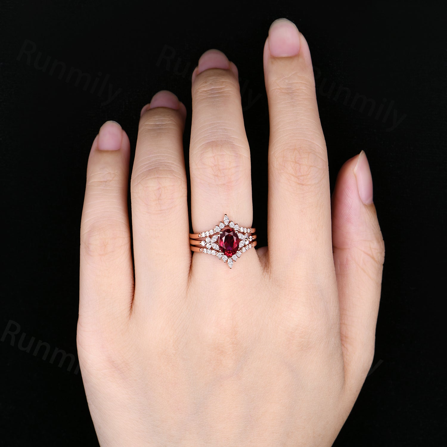 Vintage Oval Ruby Engagement Ring Set Art Deco Double Curved Moissanite Band Rose Gold Stacking Bridal Ring Set