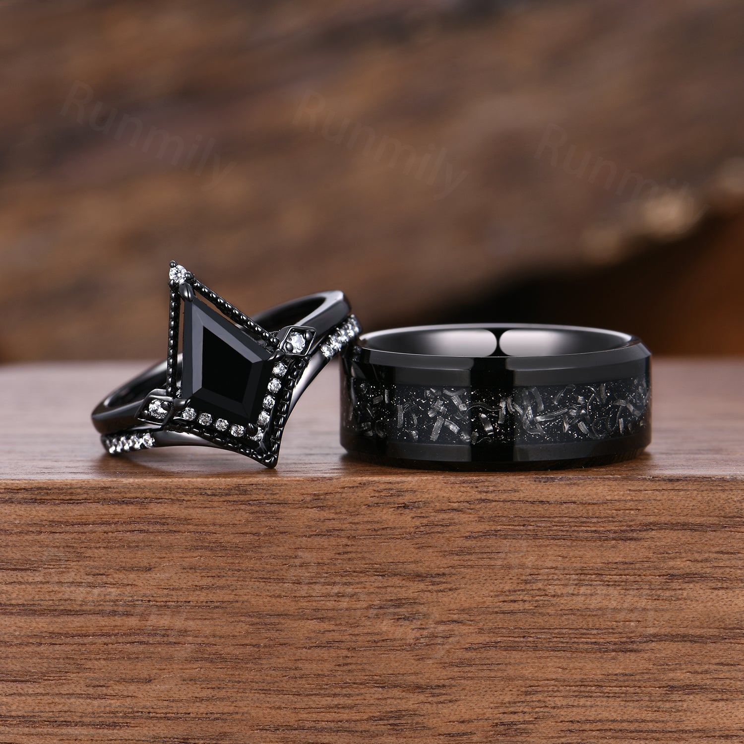 Black Onyx & Meteorite Couples Ring- His and Hers Wedding Band- Black Gold Ring Set- Matching Art Deco Couples Unique Vintage Promise Ring