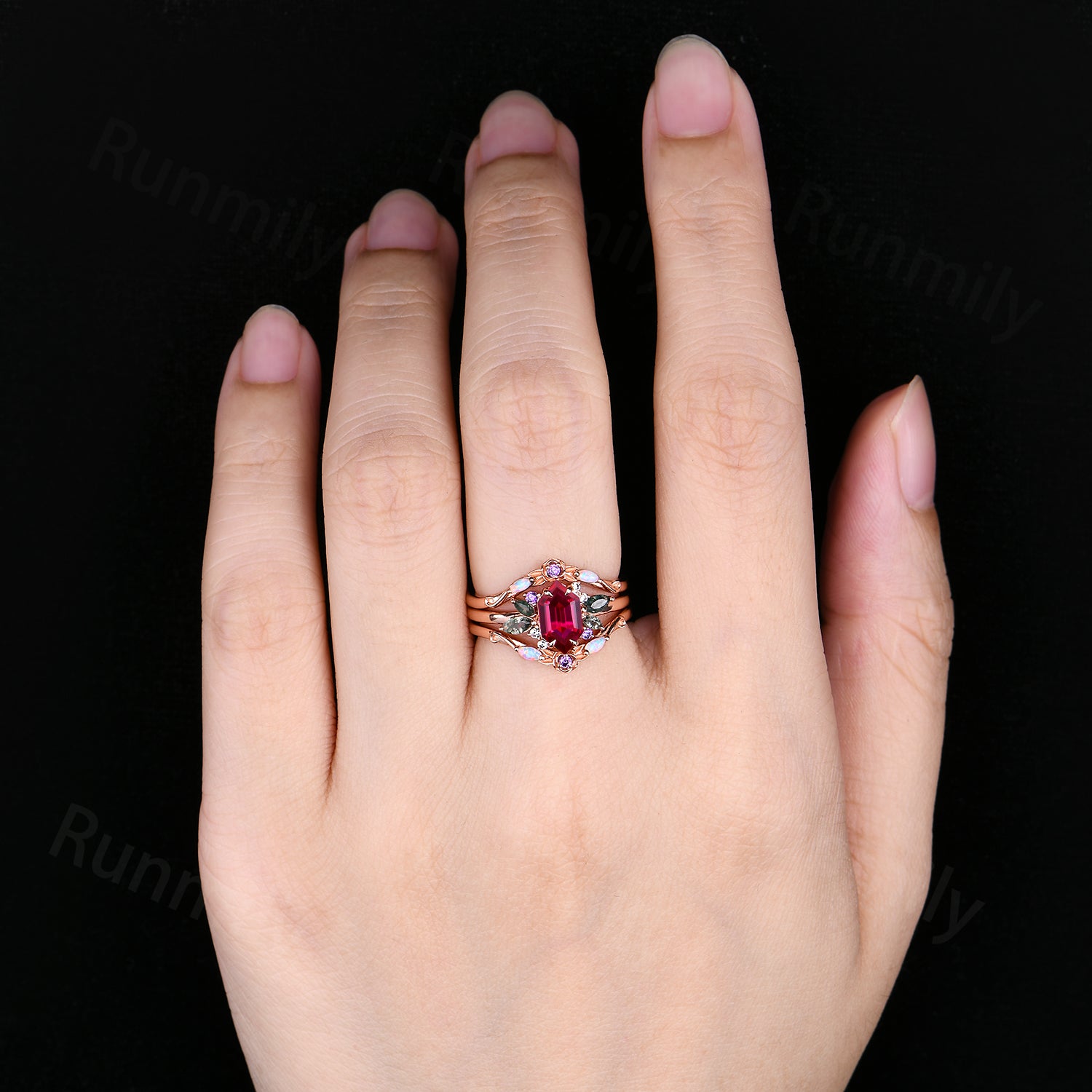 Hexagon cut Ruby Opal engagement ring set women 14k rose gold moss agate branch leaf cluster wedding band Floral promise ring for her