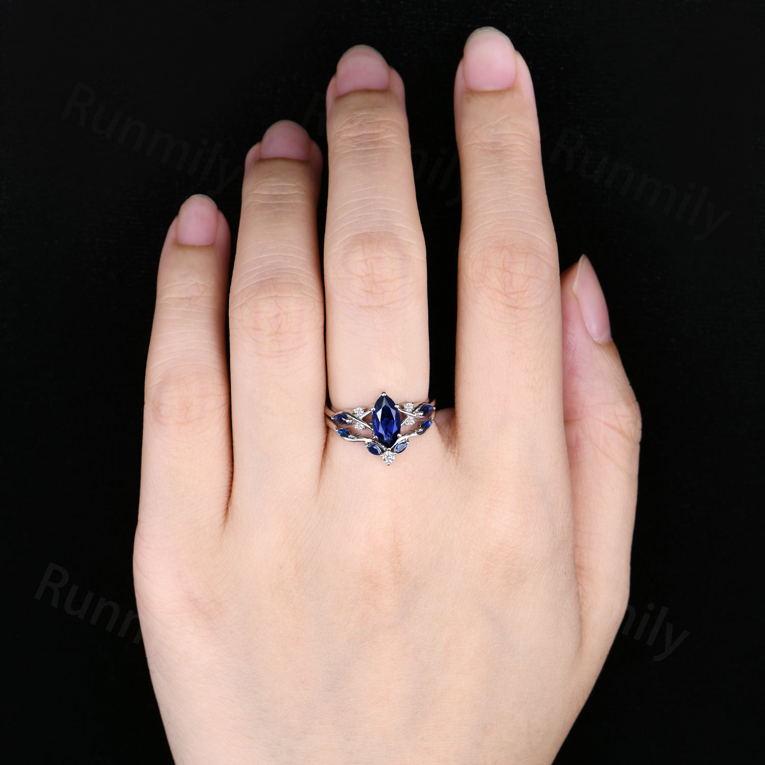 1CT Marquise Cut Blue Sapphire Engagement Ring Set Twist White Gold Promise Ring Bridal Wedding Ring Set September Birthstone Gifts