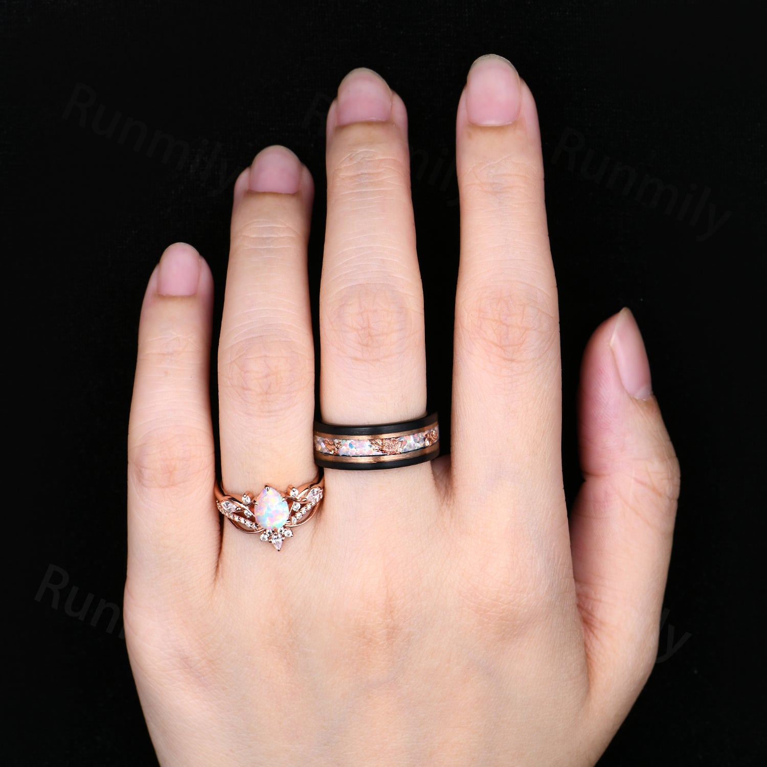 Vintage Pear Opal Couples Ring Set Unique Cluster Diamond Bridal Ring Rose Gold His and Hers Bands Mens Opal Tungsten Ring Promise Rings