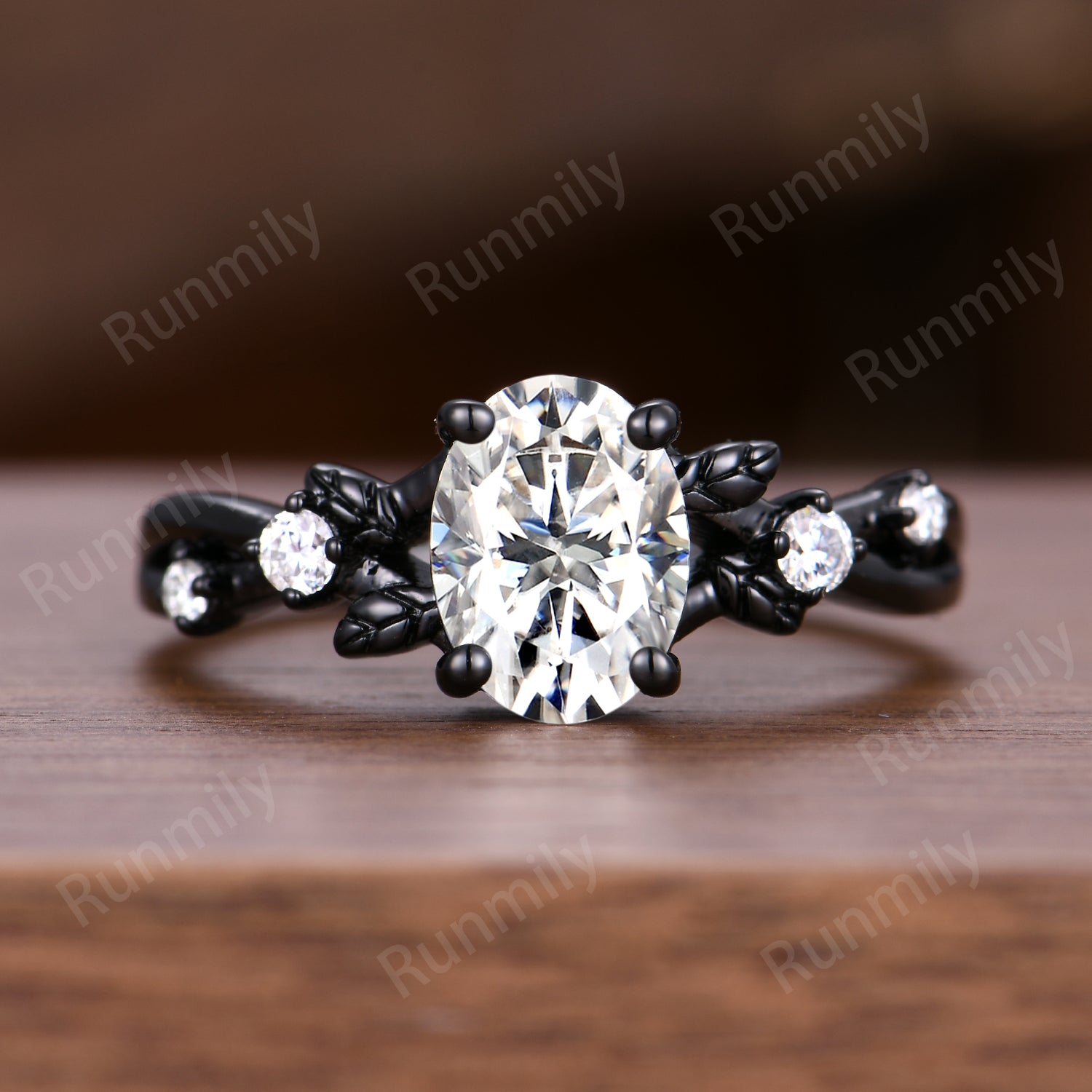 Vintage Oval Cut Moissanite Engagement Ring Black Gold Twig Leaf Moissanite Wedding Ring Nature Inspired Ring Art Deco Bridal Promise Ring