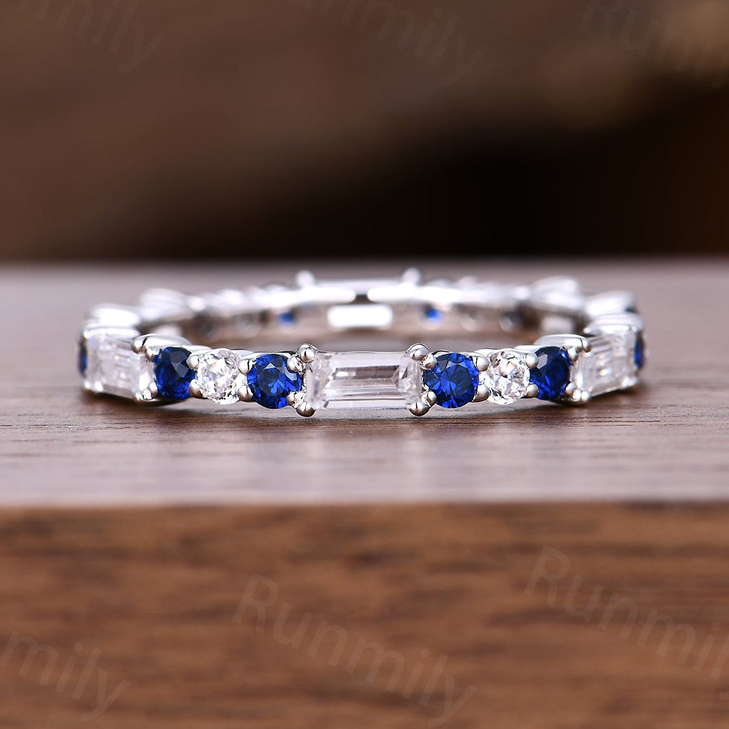 Vintage Baguette Moissanite Wedding Band Unique Sterling Silver Blue Sapphire Stackable Ring Anniversary Art Deco White Gold Wedding Band