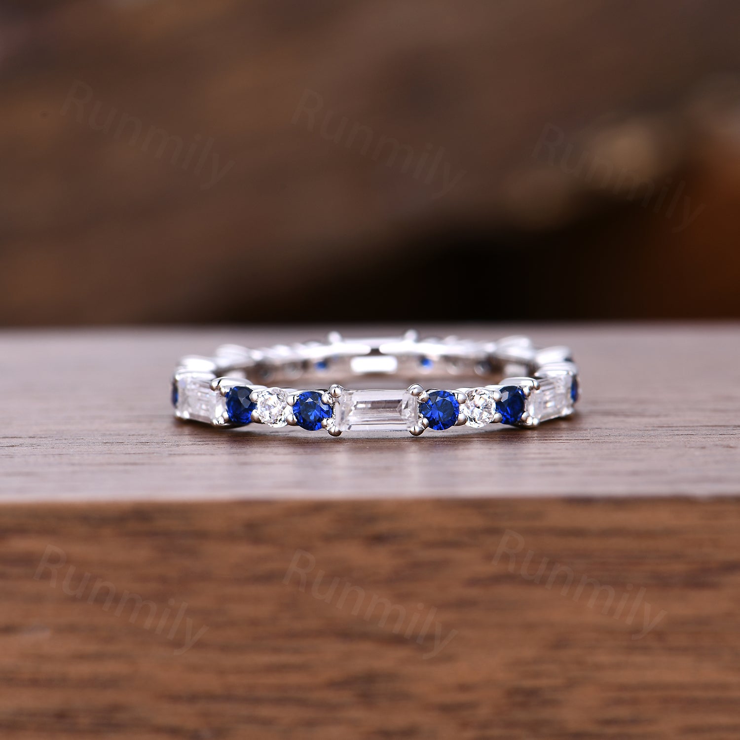 Vintage Baguette Moissanite Wedding Band Unique Sterling Silver Blue Sapphire Stackable Ring Anniversary Art Deco White Gold Wedding Band