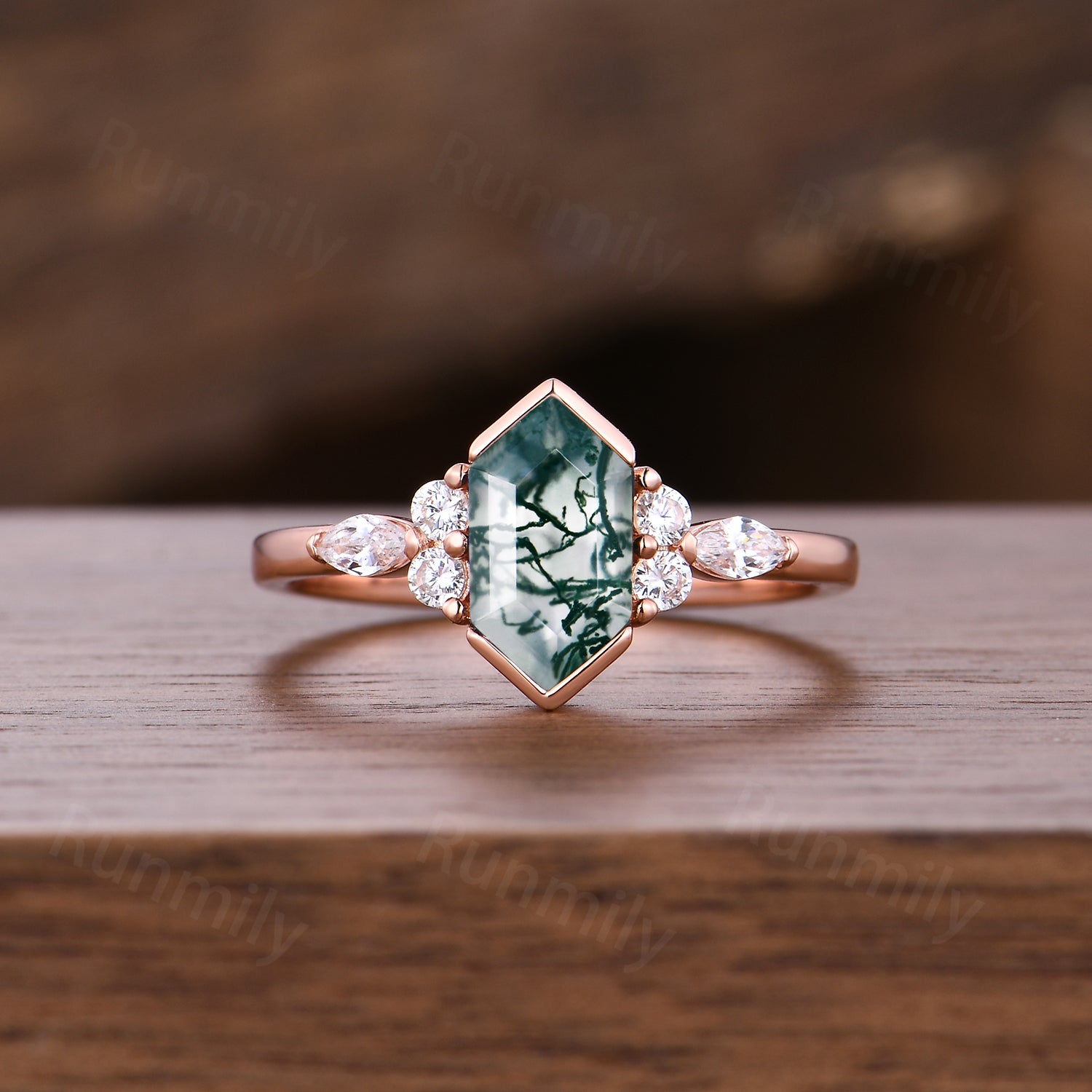 Hexagon moss agate engagement ring set Vintage double band wedding ring Unique Rose gold moissanite ring bridal promise women gift