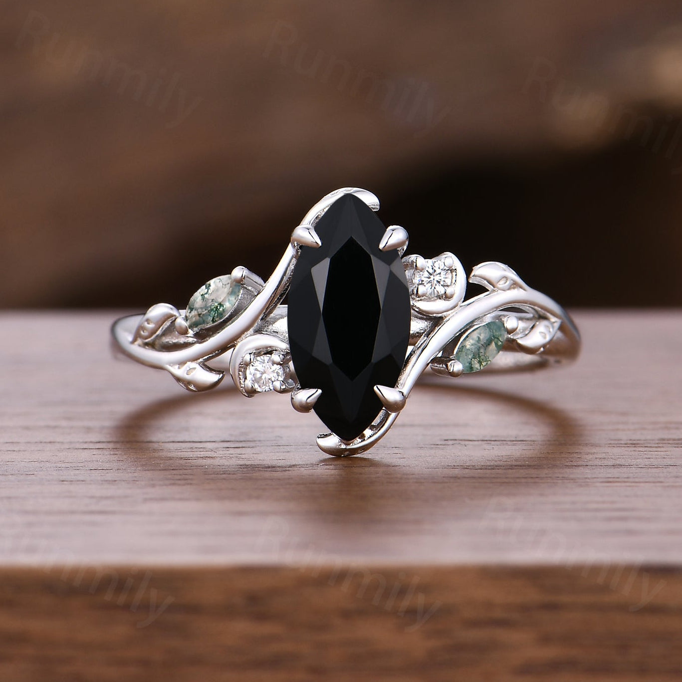 Marquise cut Black onyx engagement ring Moon and leaf Ring Unique moss agate ring Black gemstone Bridal ring Promise Anniversary ring