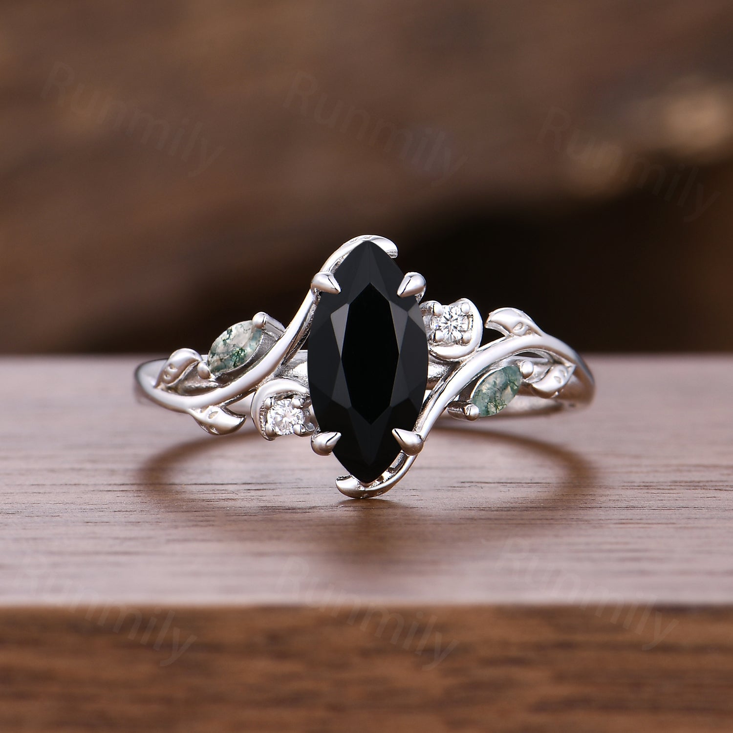Marquise cut Black onyx engagement ring Moon and leaf Ring Unique moss agate ring Black gemstone Bridal ring Promise Anniversary ring