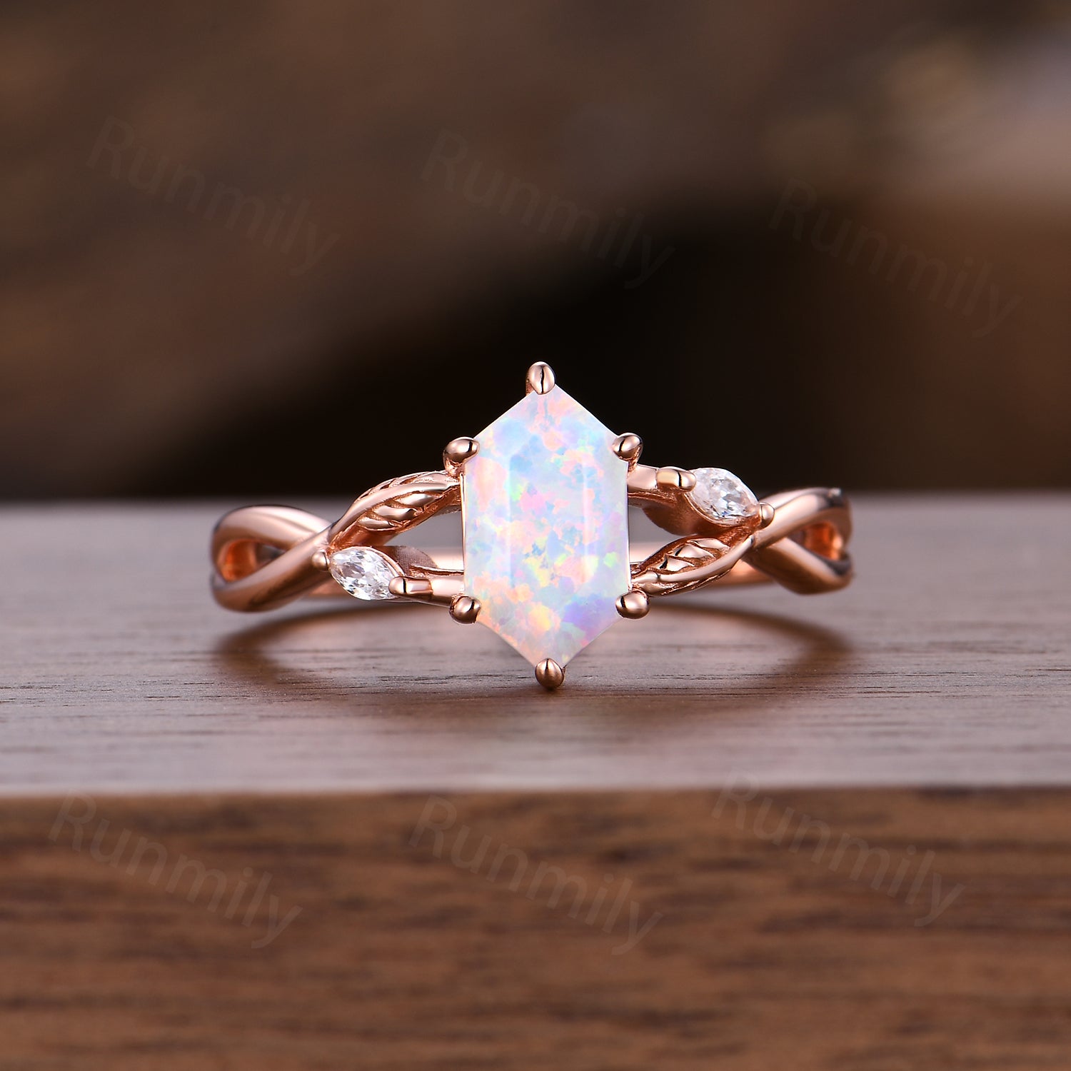 Nature Leaf Opal Engagement Ring Set, Rose Gold Twist Moissanite Ring, Open Gap Wedding Band, Vintage Hexagon Cut Bridal Promise Ring