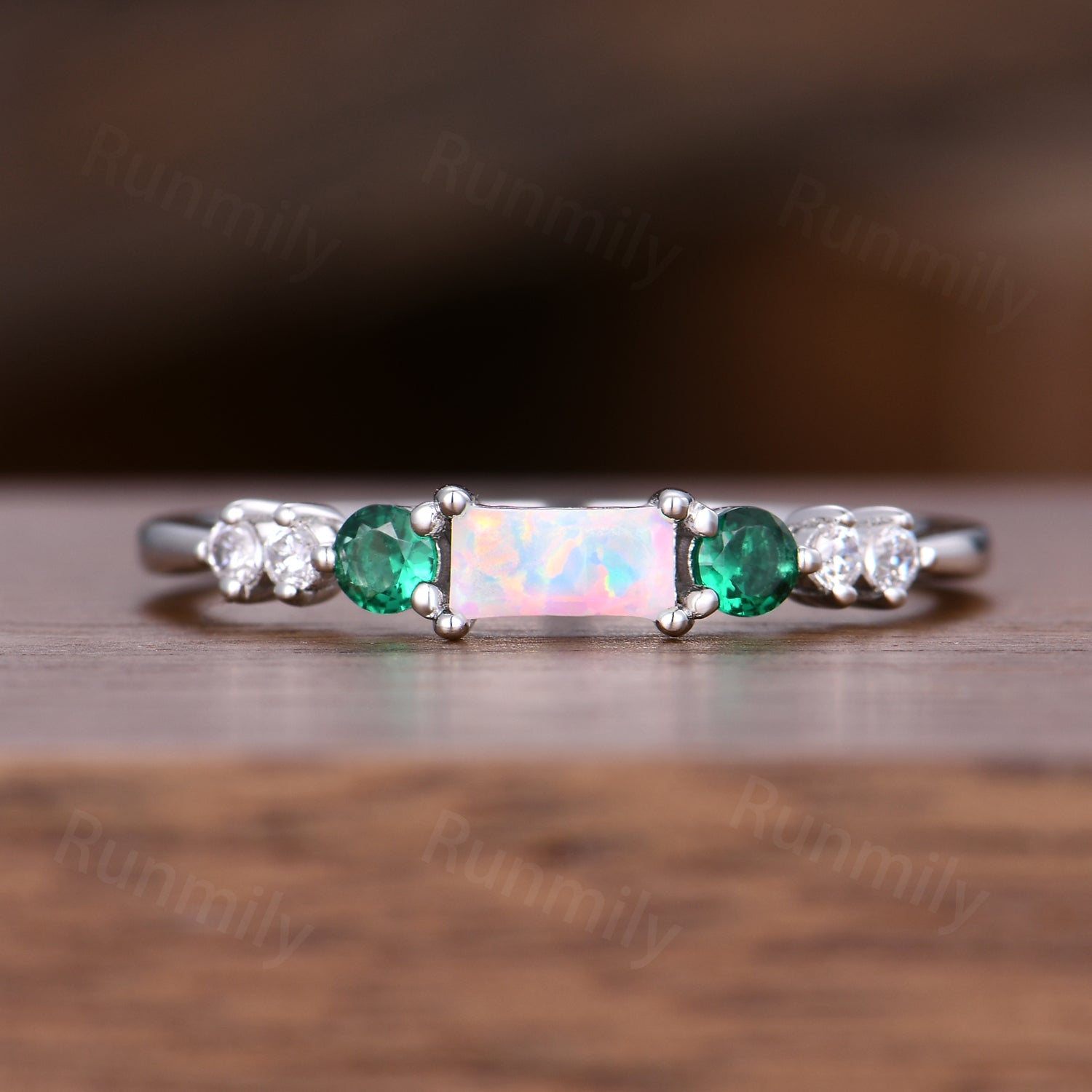 Baguette Cut White Opal Wedding Band Sterling Silver Seven Stone Stacking Matching Band Unique Opal Emerald Wedding Anniversary Ring Gifts