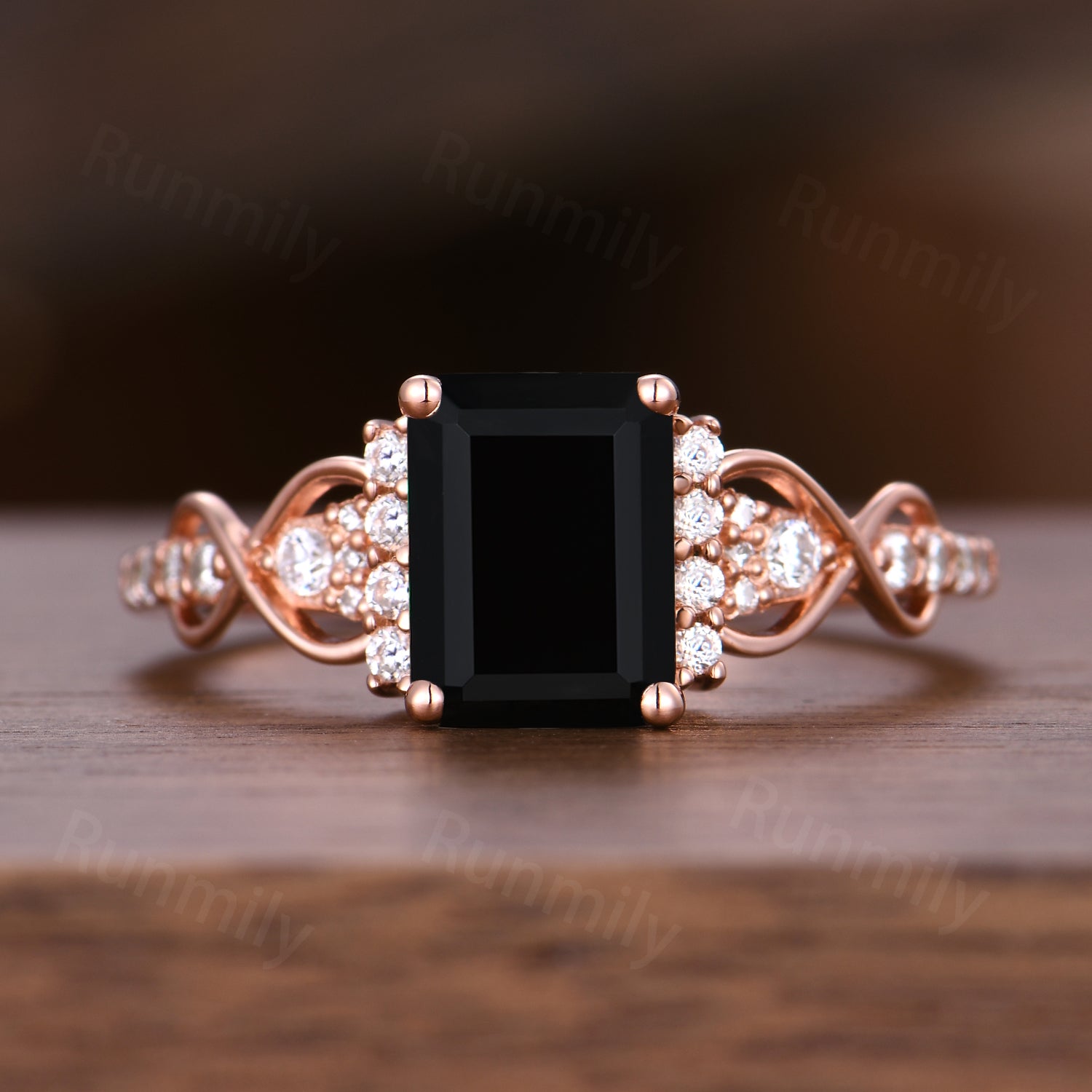Emerald Cut Black Onyx Engagement Ring Set Unique Rose Gold Bridal Ring Set Moissanite Cluster Wedding Curved Stacking Band Promise Ring Set