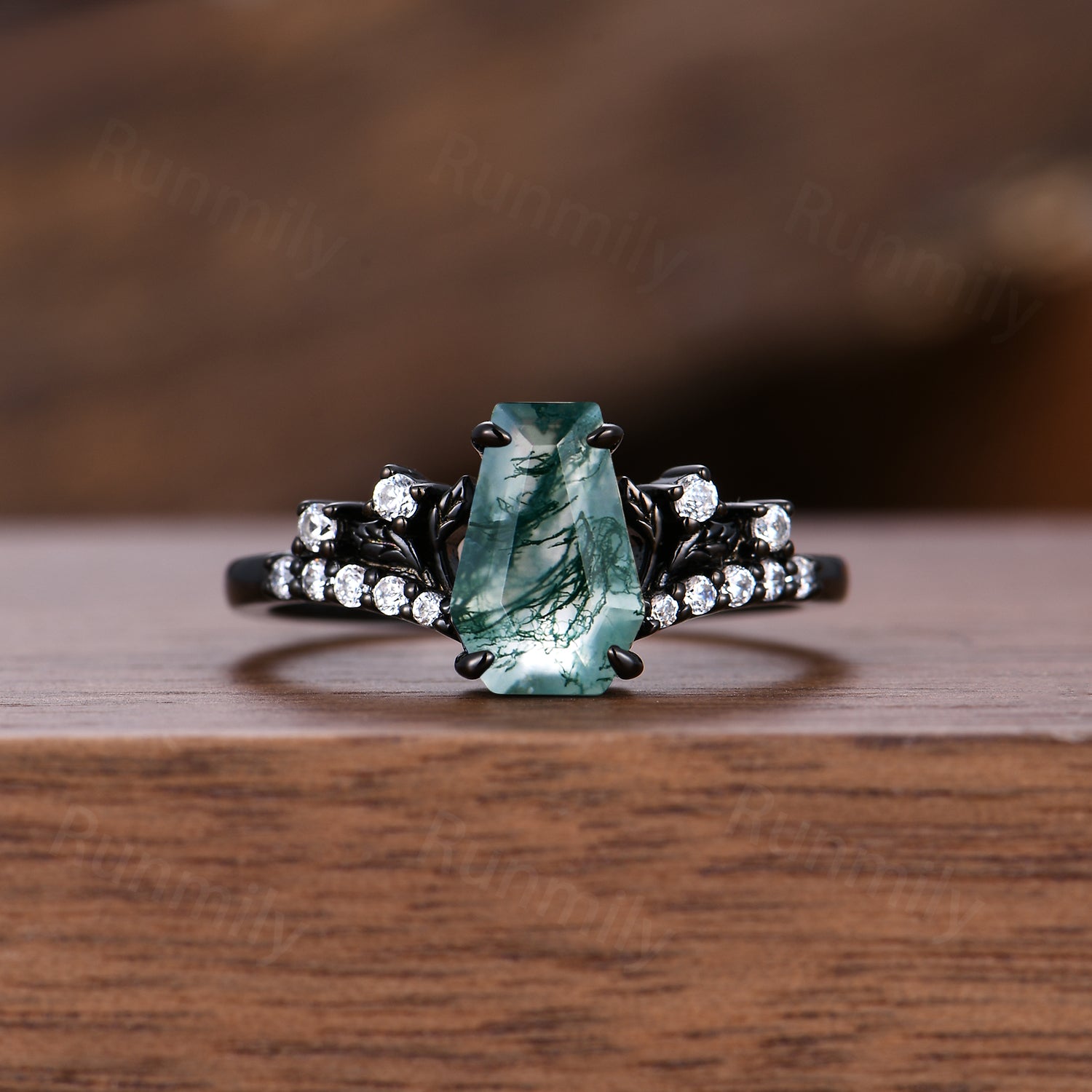 Gothic Bat Wing Moss Agate Engagement Ring Black Gold Coffin cut Ring Unique Moissanite Wedding Vampire Bridal Ring Set