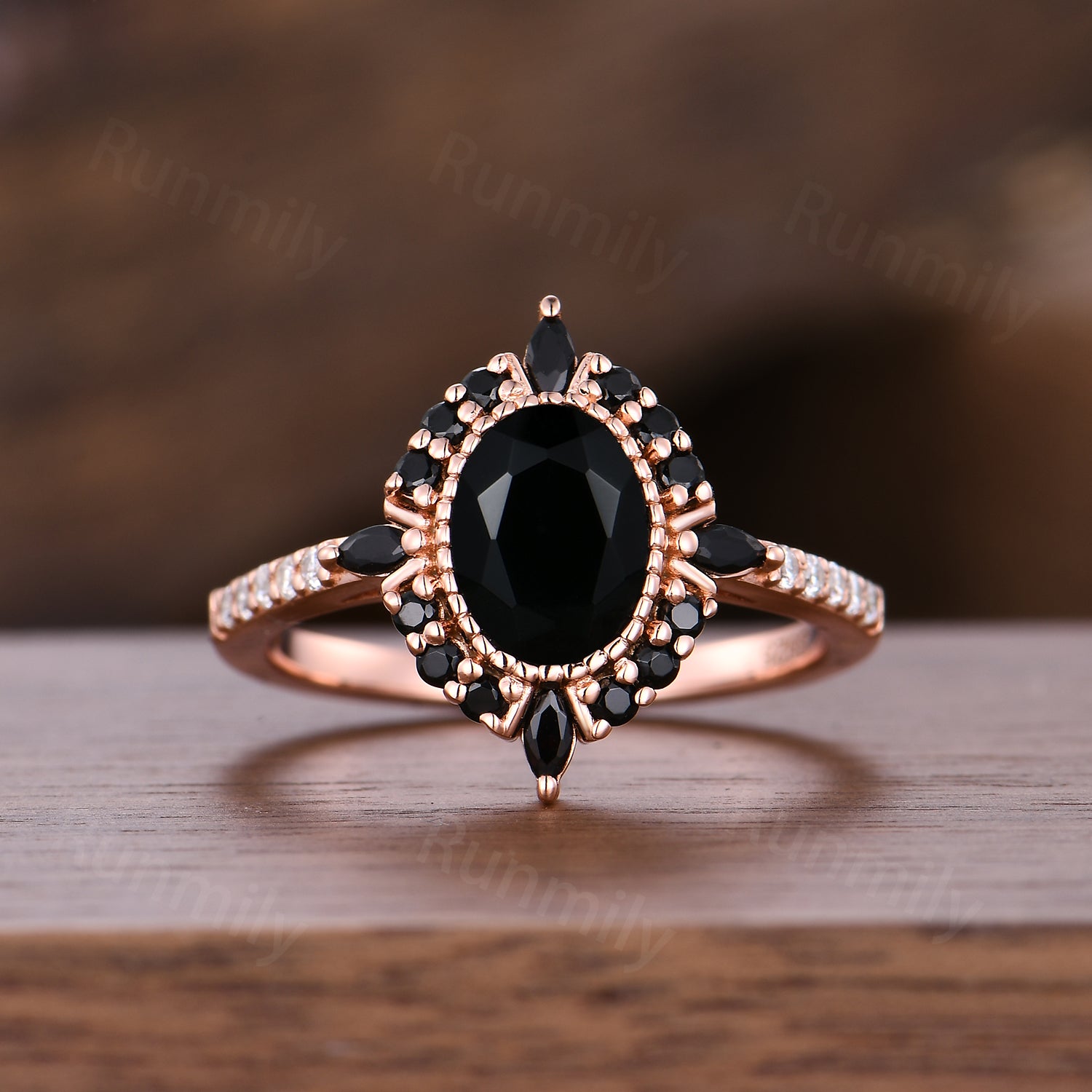 Vintage Black Onyx Engagement Ring Antique Oval Gem Bridal Rose Gold Promise Ring