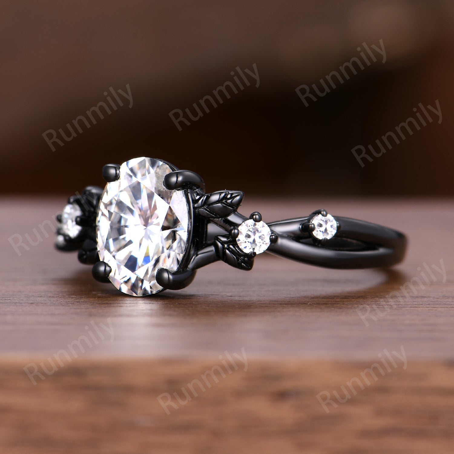 Vintage Oval Cut Moissanite Engagement Ring Black Gold Twig Leaf Moissanite Wedding Ring Nature Inspired Ring Art Deco Bridal Promise Ring