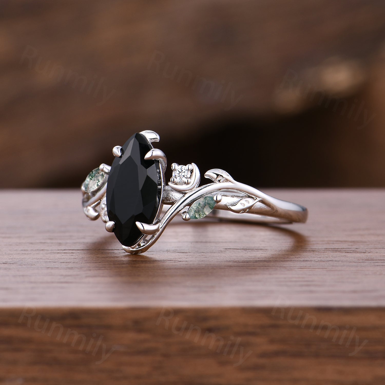 Marquise cut Black onyx engagement ring Moon and leaf Ring Unique moss agate ring Black gemstone Bridal ring Promise Anniversary ring