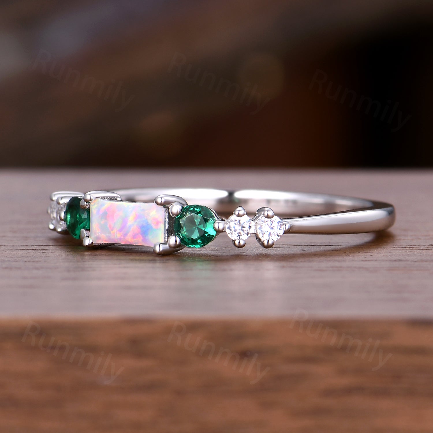 Baguette Cut White Opal Wedding Band Sterling Silver Seven Stone Stacking Matching Band Unique Opal Emerald Wedding Anniversary Ring Gifts