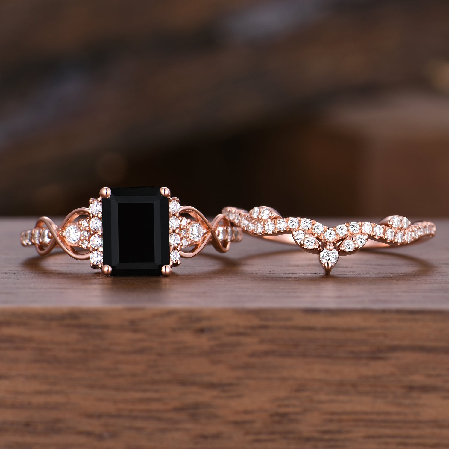 Emerald Cut Black Onyx Engagement Ring Set Unique Rose Gold Bridal Ring Set Moissanite Cluster Wedding Curved Stacking Band Promise Ring Set