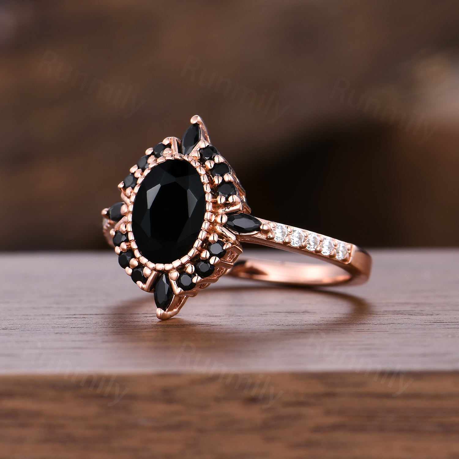Vintage Black Onyx Engagement Ring Antique Oval Gem Bridal Rose Gold Promise Ring