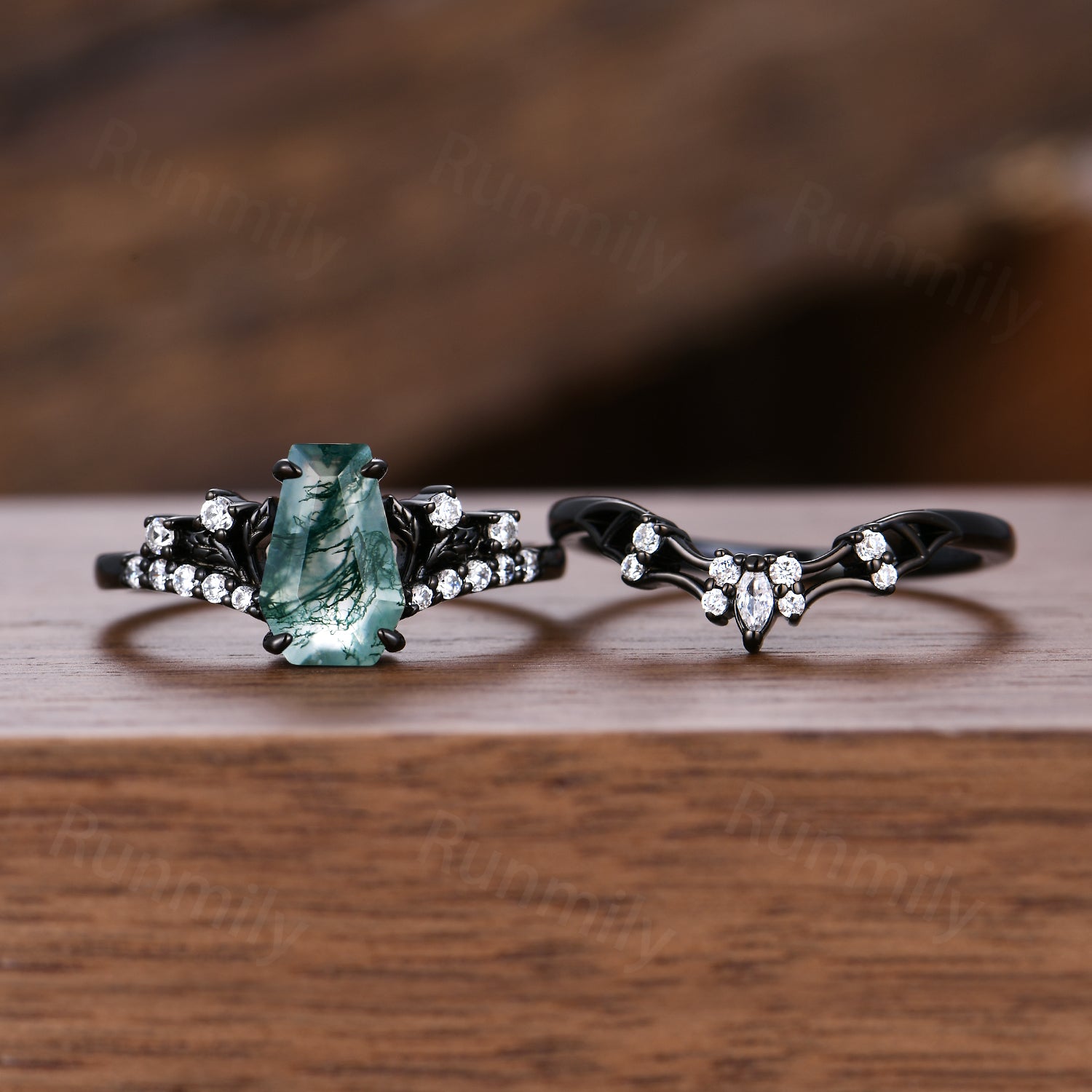 Gothic Bat Wing Moss Agate Engagement Ring Black Gold Coffin cut Ring Unique Moissanite Wedding Vampire Bridal Ring Set