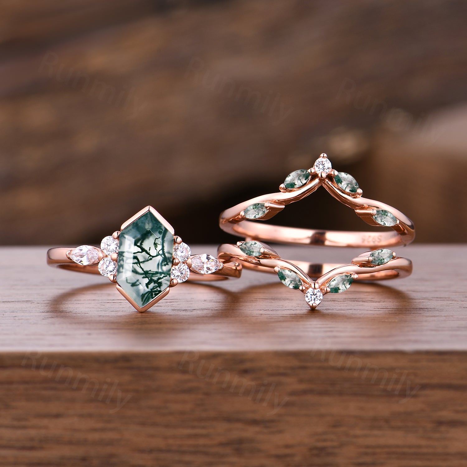 Hexagon moss agate engagement ring set Vintage double band wedding ring Unique Rose gold moissanite ring bridal promise women gift