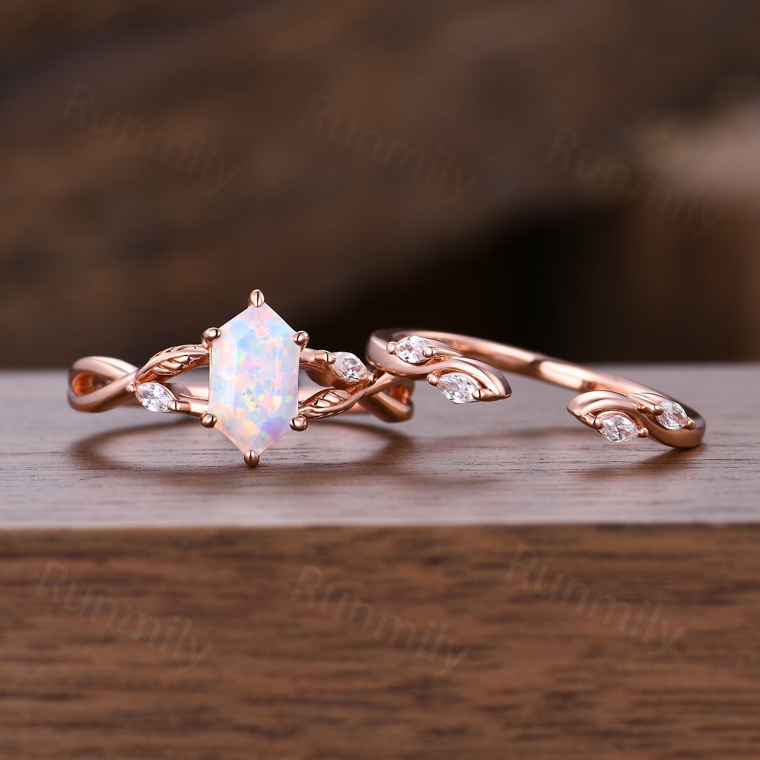 Nature Leaf Opal Engagement Ring Set, Rose Gold Twist Moissanite Ring, Open Gap Wedding Band, Vintage Hexagon Cut Bridal Promise Ring