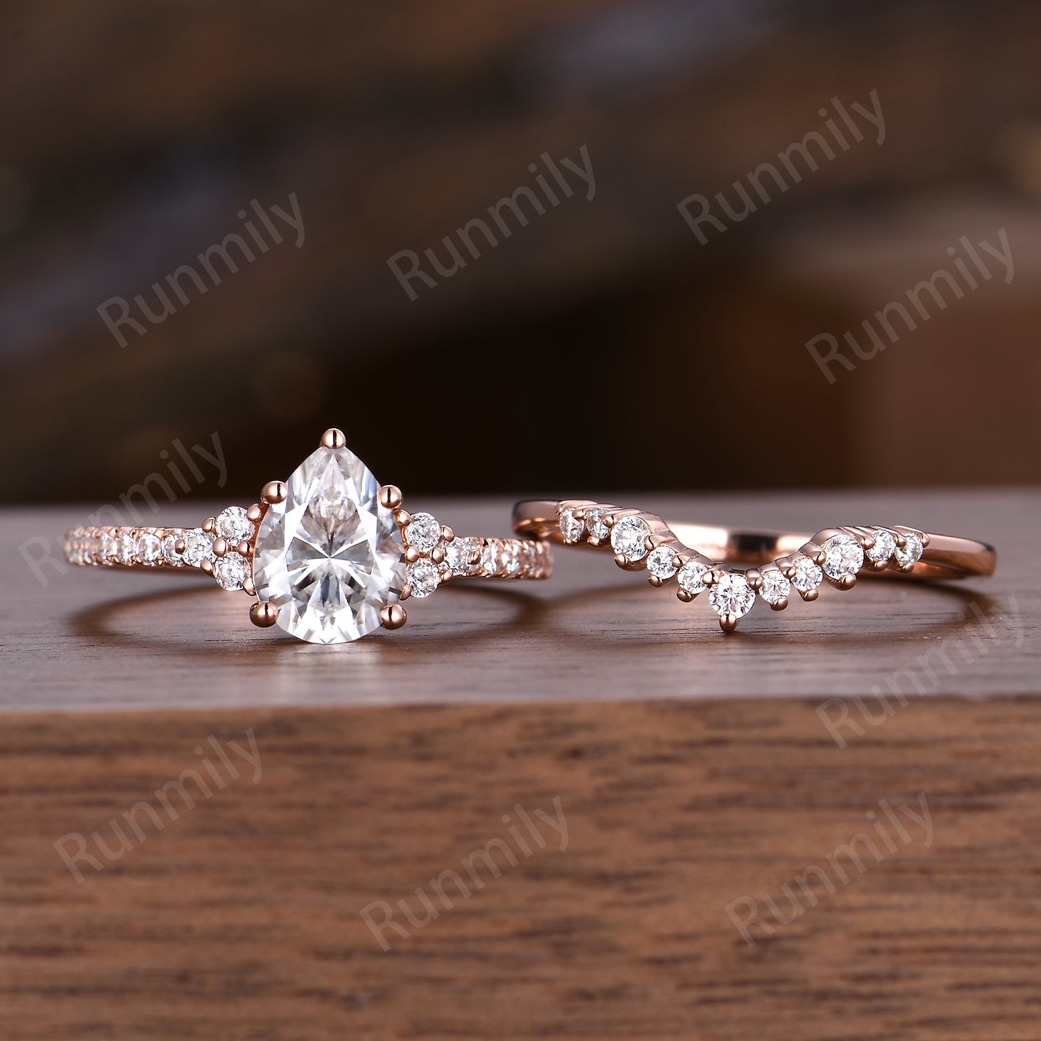 Pear Cut Moissanite Engagement Ring Set Unique Rose Gold Bridal Ring Set Moissanite Cluster Wedding Curved Stacking Band Promise Ring Set