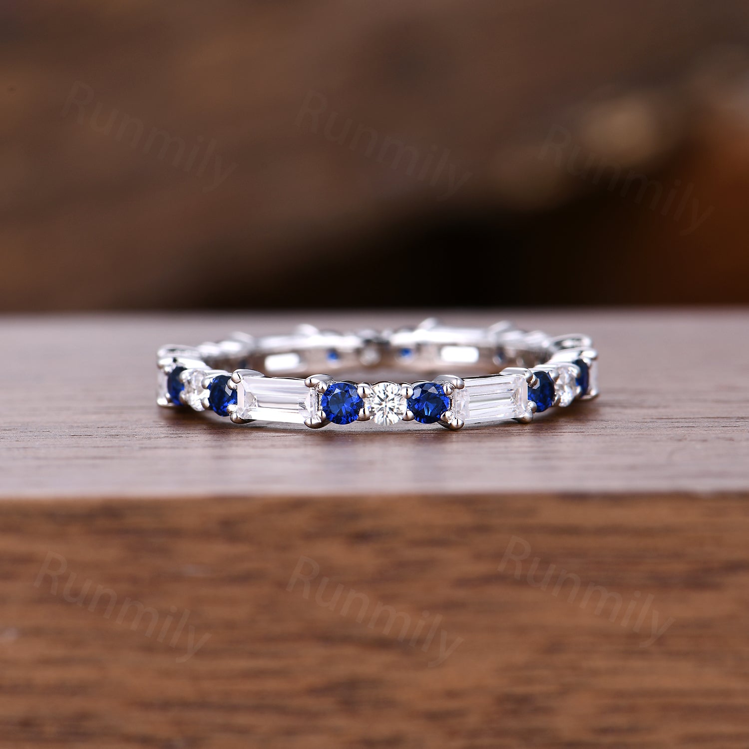Vintage Baguette Moissanite Wedding Band Unique Sterling Silver Blue Sapphire Stackable Ring Anniversary Art Deco White Gold Wedding Band