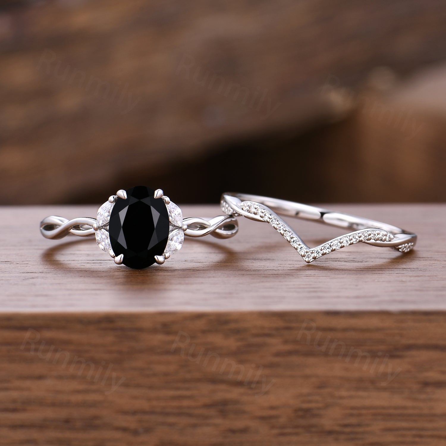 Twisted Black Onyx Engagement Ring Set Art Deco Curved Moissanite Stacking Bridal Wedding Ring Dainty Promise Ring Women