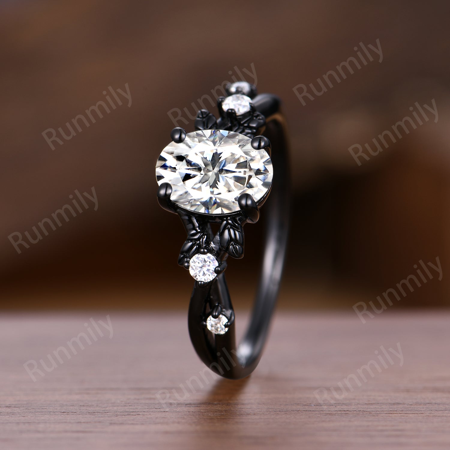 Vintage Oval Cut Moissanite Engagement Ring Black Gold Twig Leaf Moissanite Wedding Ring Nature Inspired Ring Art Deco Bridal Promise Ring