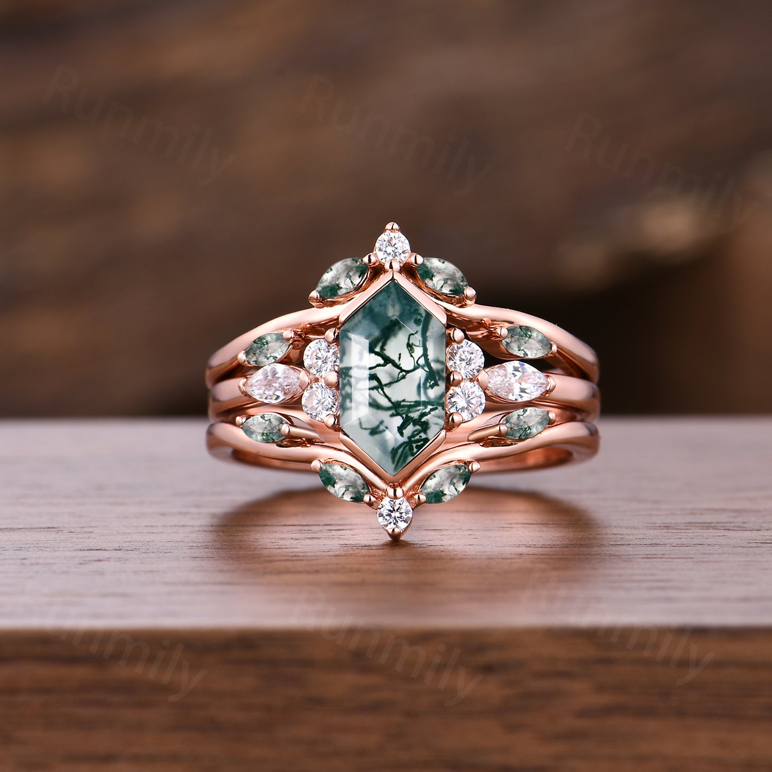 Hexagon moss agate engagement ring set Vintage double band wedding ring Unique Rose gold moissanite ring bridal promise women gift