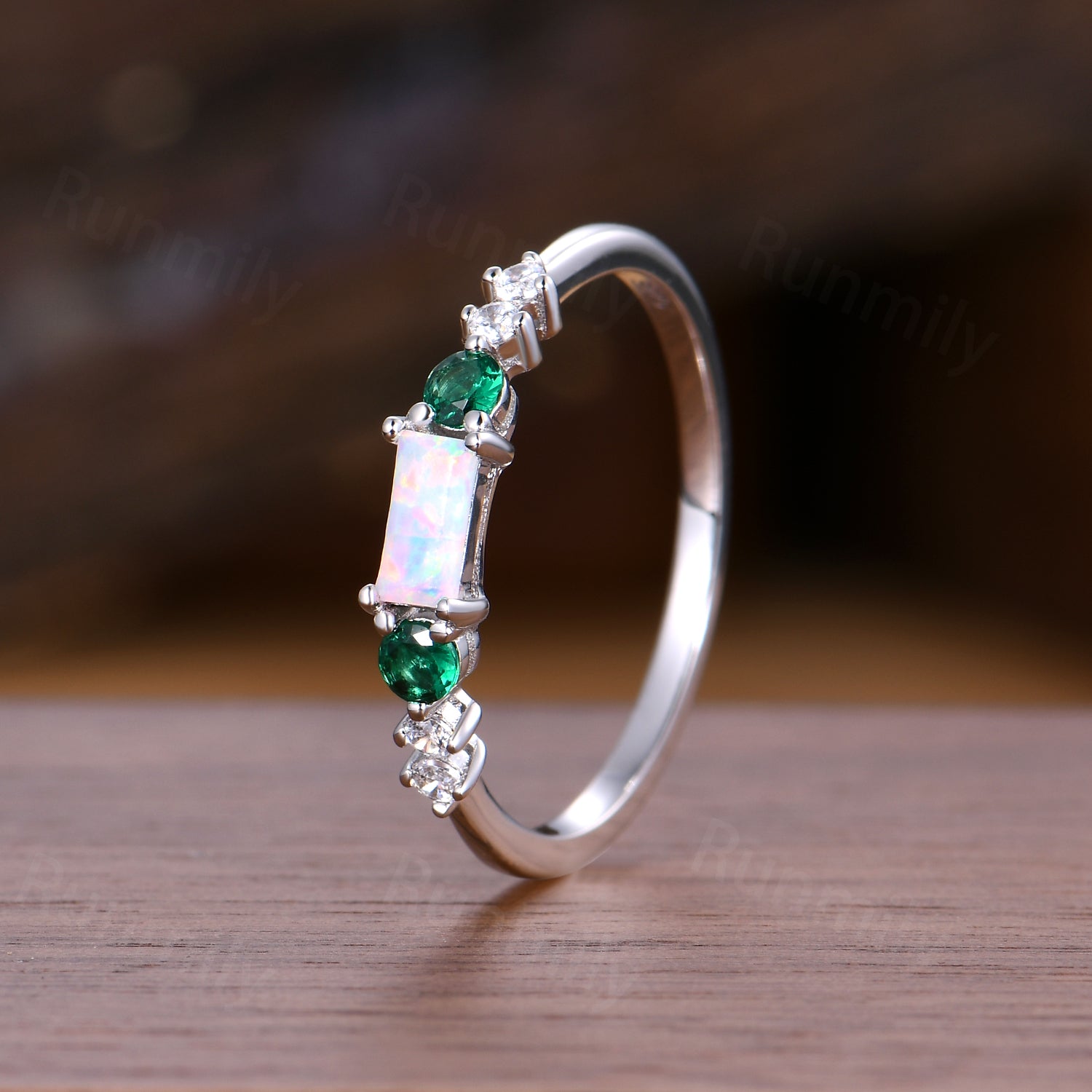 Baguette Cut White Opal Wedding Band Sterling Silver Seven Stone Stacking Matching Band Unique Opal Emerald Wedding Anniversary Ring Gifts
