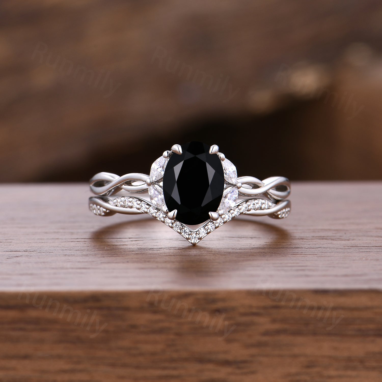 Twisted Black Onyx Engagement Ring Set Art Deco Curved Moissanite Stacking Bridal Wedding Ring Dainty Promise Ring Women