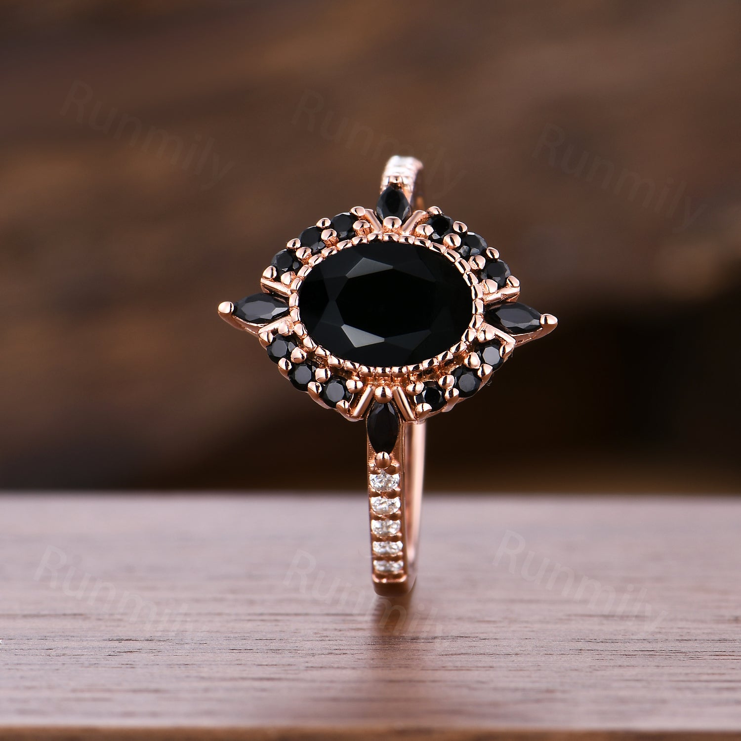 Vintage Black Onyx Engagement Ring Antique Oval Gem Bridal Rose Gold Promise Ring