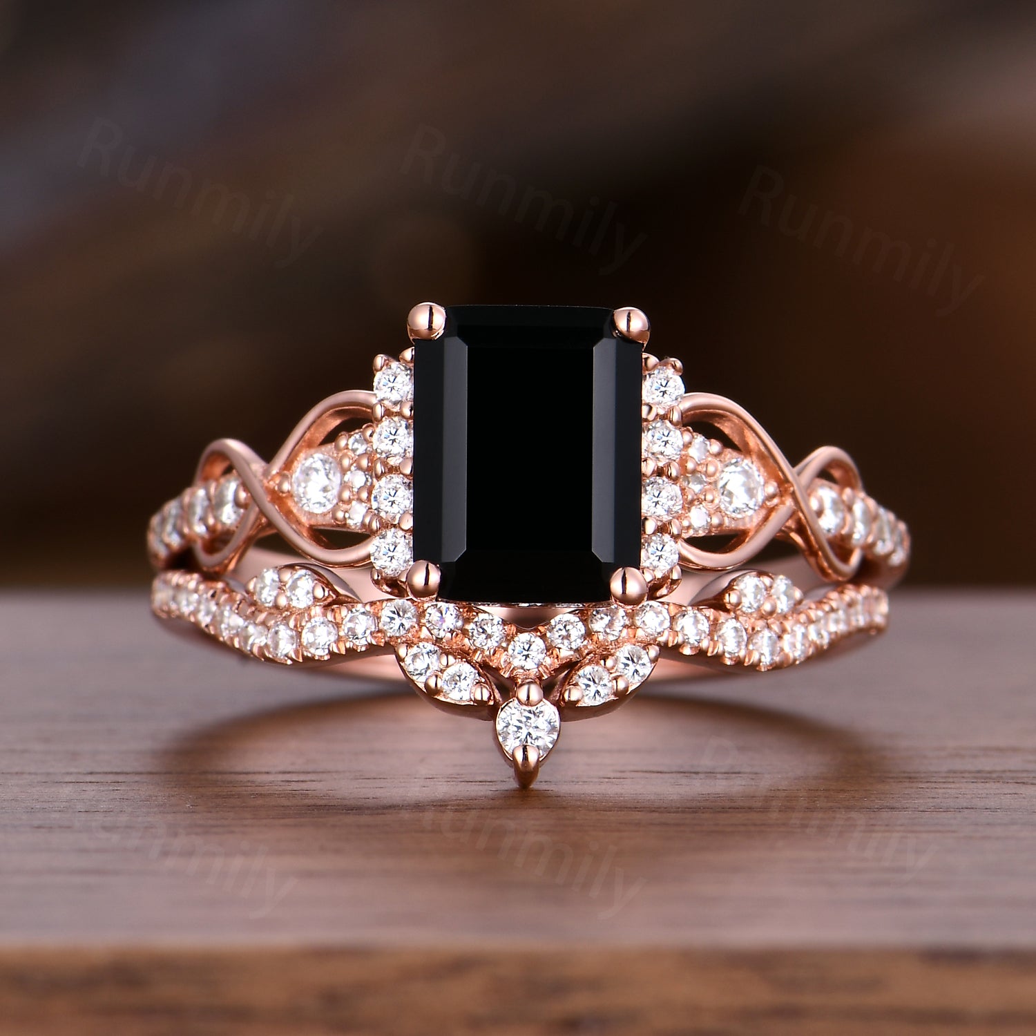 Emerald Cut Black Onyx Engagement Ring Set Unique Rose Gold Bridal Ring Set Moissanite Cluster Wedding Curved Stacking Band Promise Ring Set