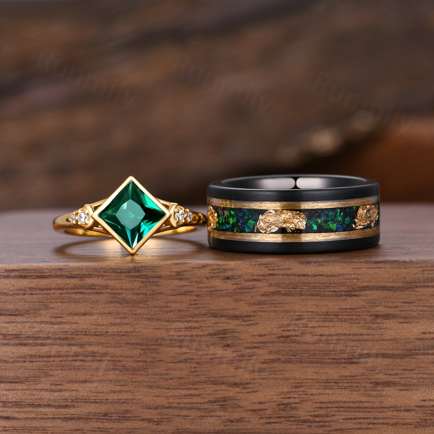 Princess cut Emerald promise rings Yellow gold couples wedding bands Vintage His and Her Anniversary Ring Emerald ring For Men For Women