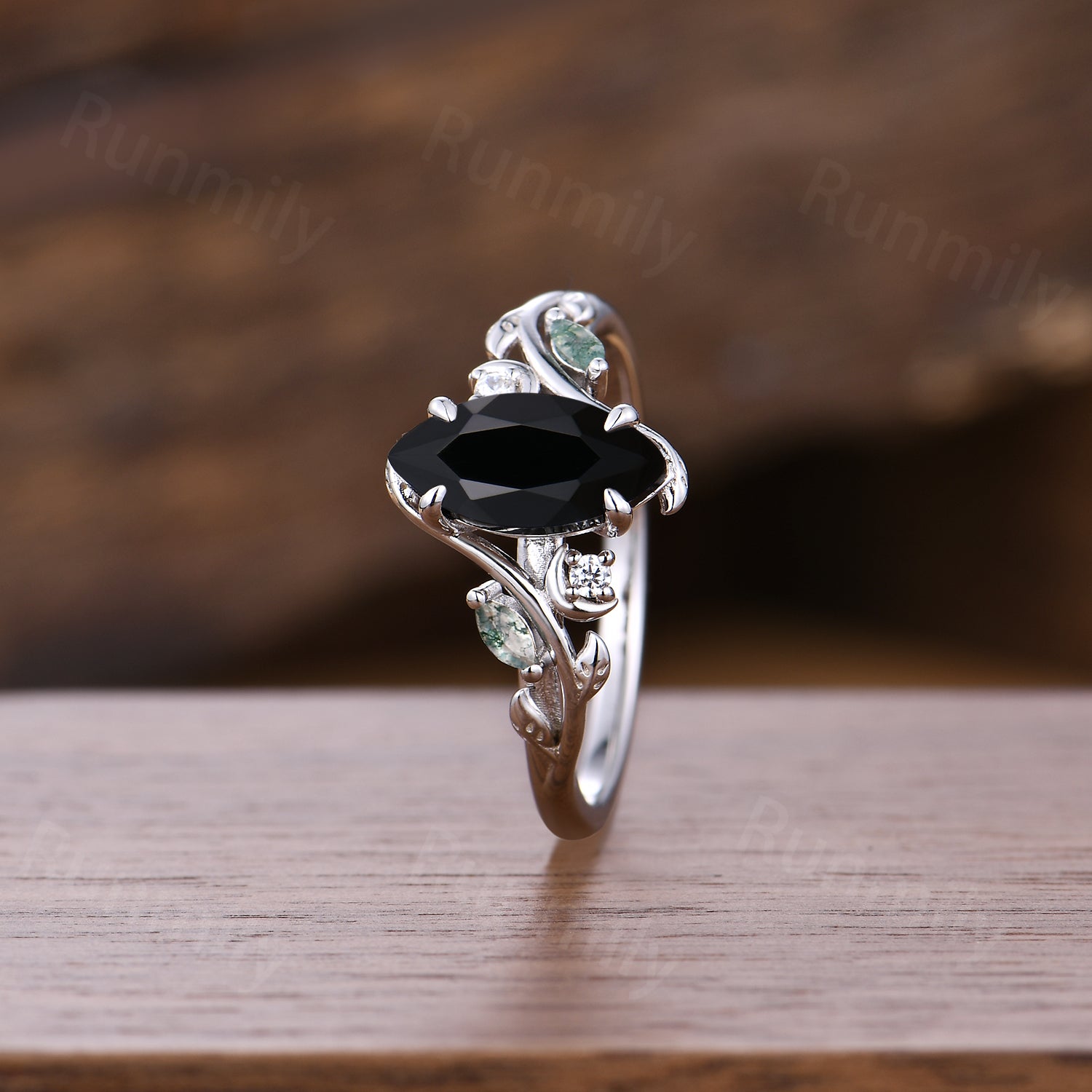 Marquise cut Black onyx engagement ring Moon and leaf Ring Unique moss agate ring Black gemstone Bridal ring Promise Anniversary ring