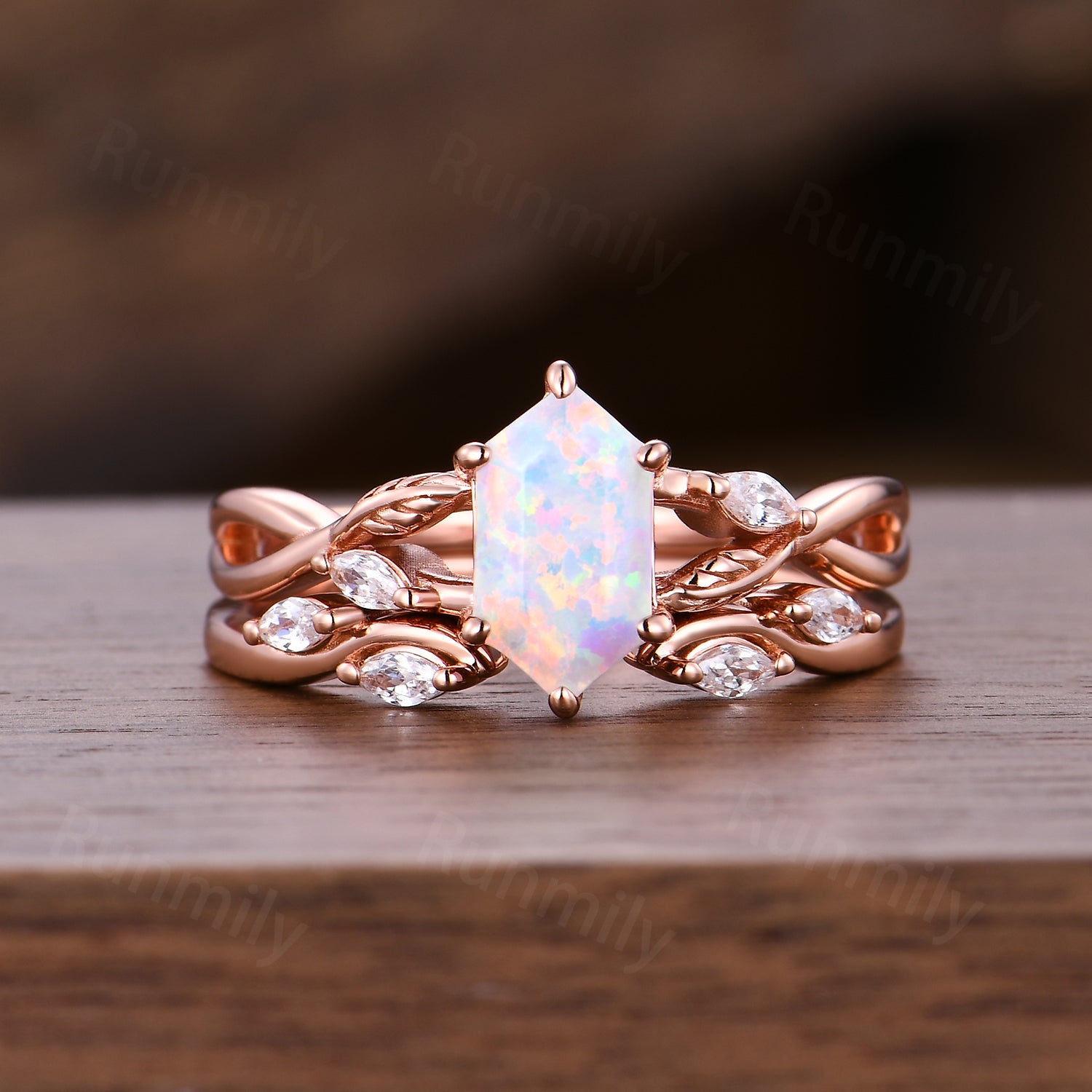 Nature Leaf Opal Engagement Ring Set, Rose Gold Twist Moissanite Ring, Open Gap Wedding Band, Vintage Hexagon Cut Bridal Promise Ring