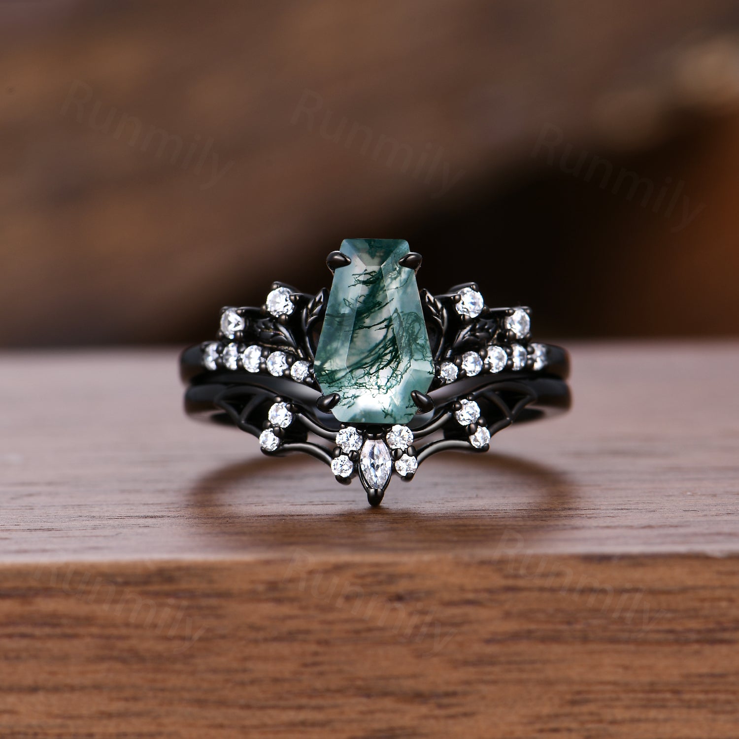Gothic Bat Wing Moss Agate Engagement Ring Black Gold Coffin cut Ring Unique Moissanite Wedding Vampire Bridal Ring Set