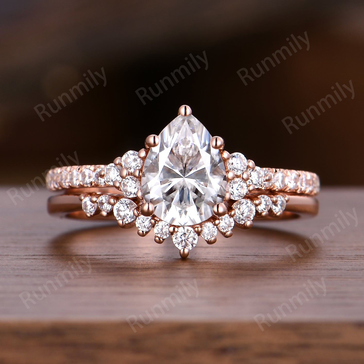 Pear Cut Moissanite Engagement Ring Set Unique Rose Gold Bridal Ring Set Moissanite Cluster Wedding Curved Stacking Band Promise Ring Set