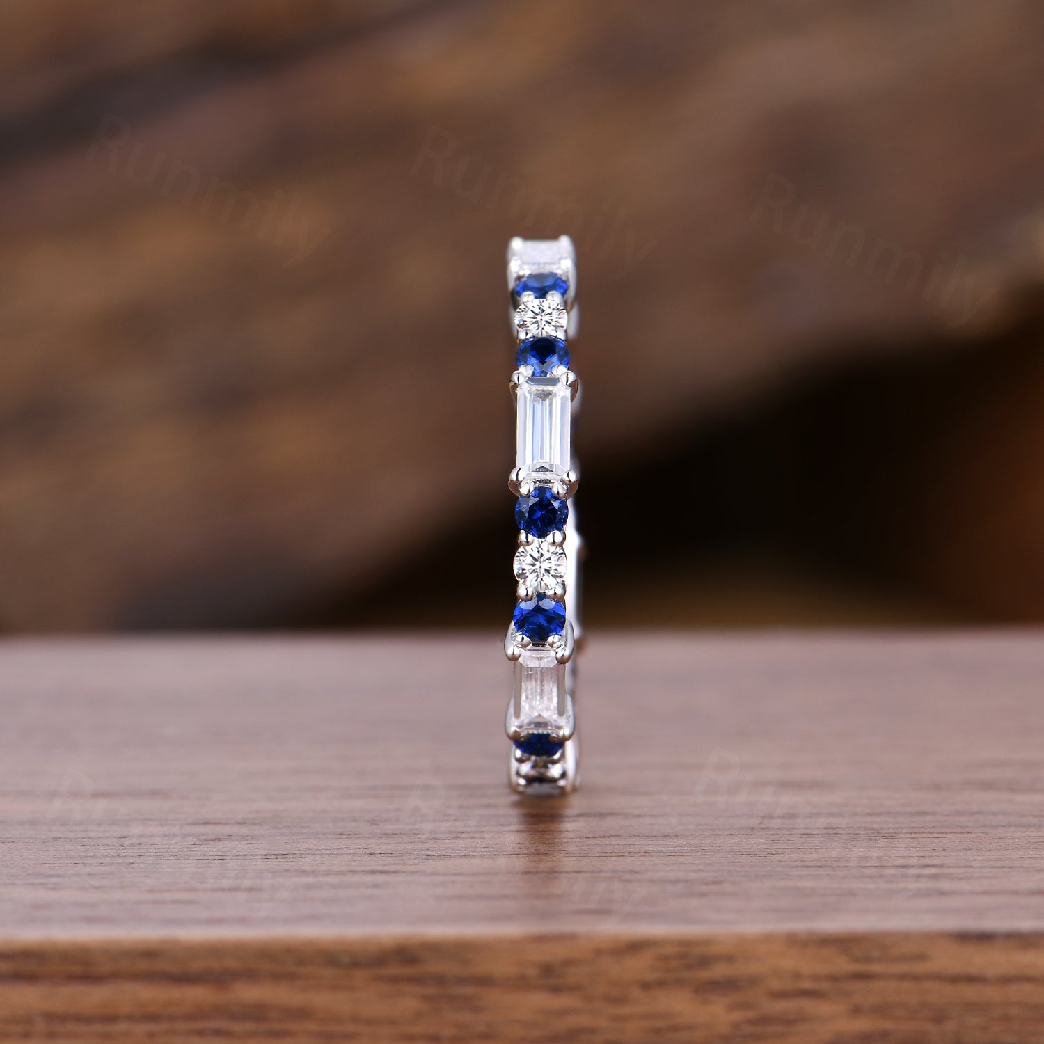 Vintage Baguette Moissanite Wedding Band Unique Sterling Silver Blue Sapphire Stackable Ring Anniversary Art Deco White Gold Wedding Band