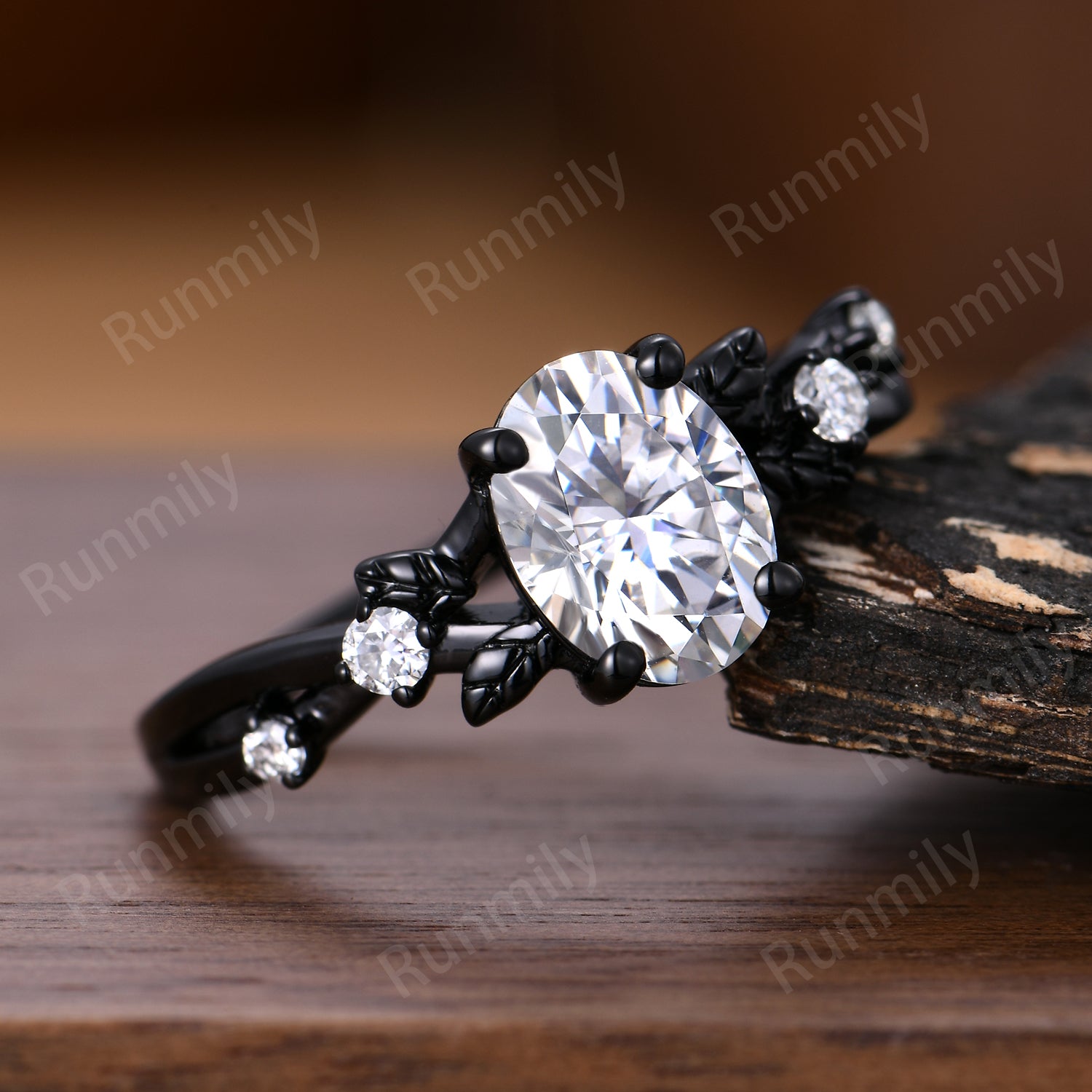 Vintage Oval Cut Moissanite Engagement Ring Black Gold Twig Leaf Moissanite Wedding Ring Nature Inspired Ring Art Deco Bridal Promise Ring