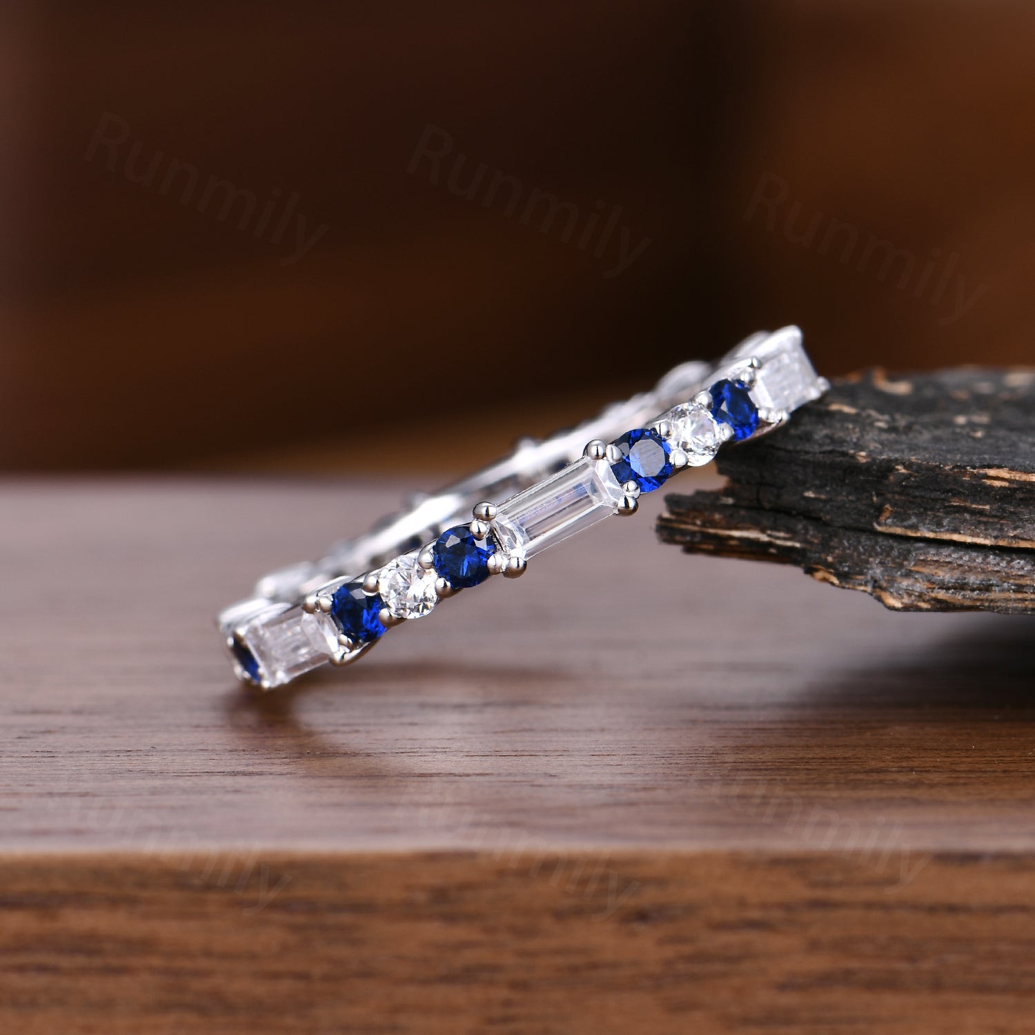 Vintage Baguette Moissanite Wedding Band Unique Sterling Silver Blue Sapphire Stackable Ring Anniversary Art Deco White Gold Wedding Band