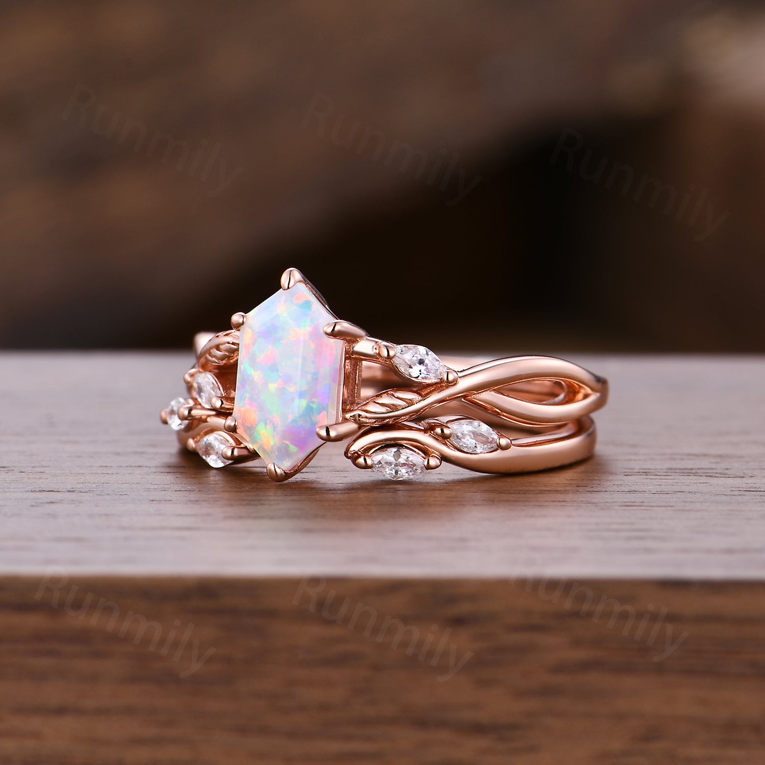 Nature Leaf Opal Engagement Ring Set, Rose Gold Twist Moissanite Ring, Open Gap Wedding Band, Vintage Hexagon Cut Bridal Promise Ring