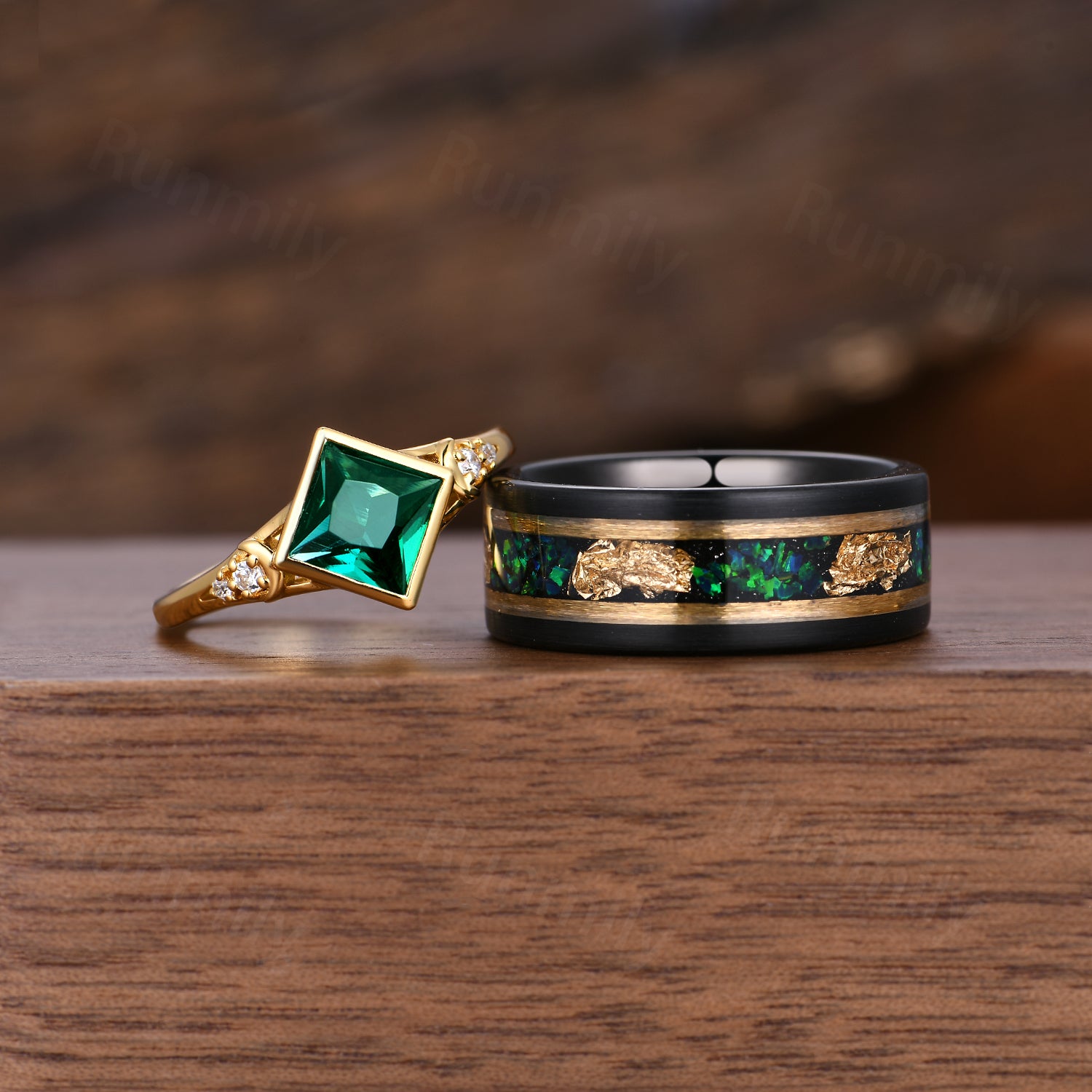 Princess cut Emerald promise rings Yellow gold couples wedding bands Vintage His and Her Anniversary Ring Emerald ring For Men For Women