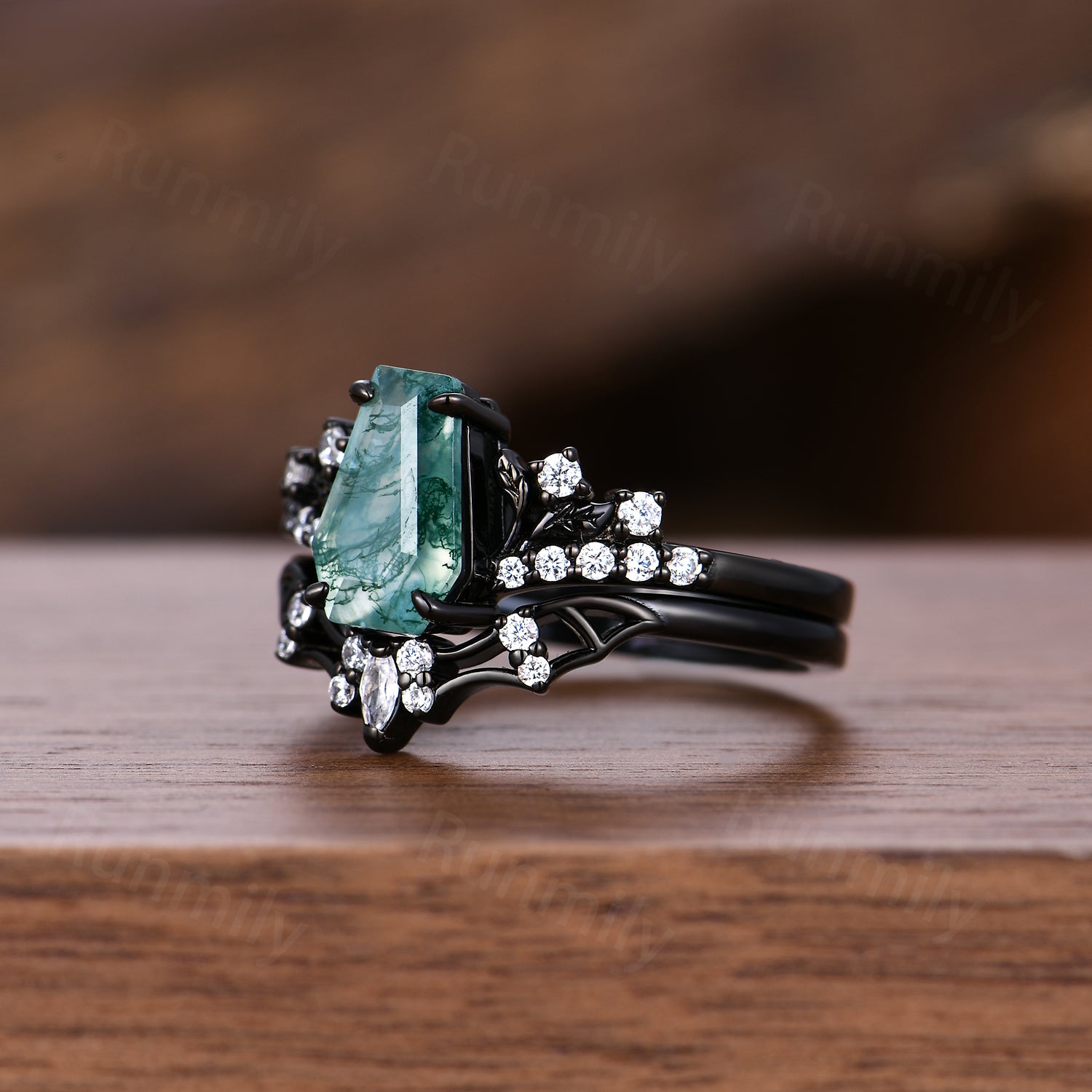 Gothic Bat Wing Moss Agate Engagement Ring Black Gold Coffin cut Ring Unique Moissanite Wedding Vampire Bridal Ring Set