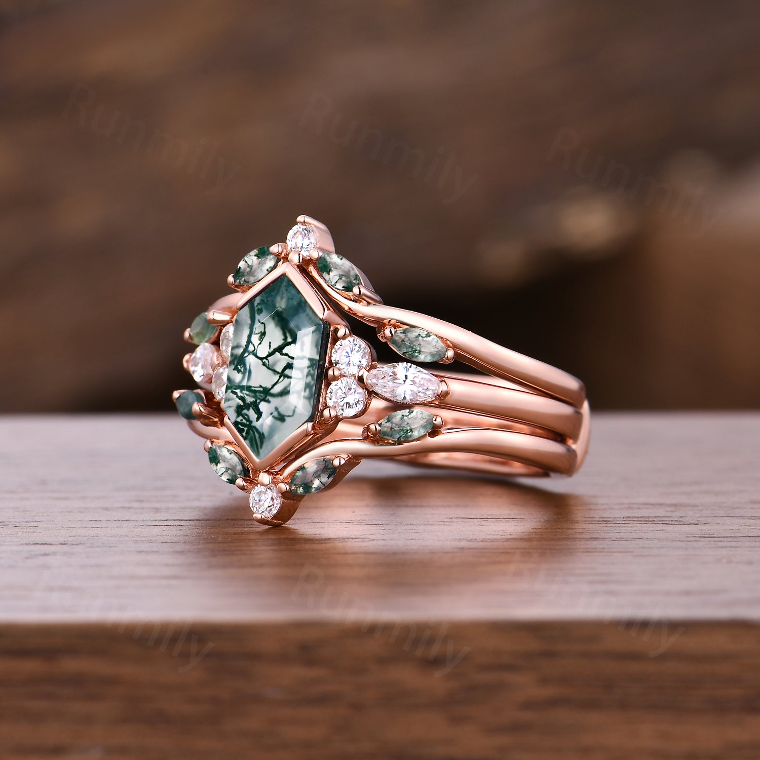 Hexagon moss agate engagement ring set Vintage double band wedding ring Unique Rose gold moissanite ring bridal promise women gift