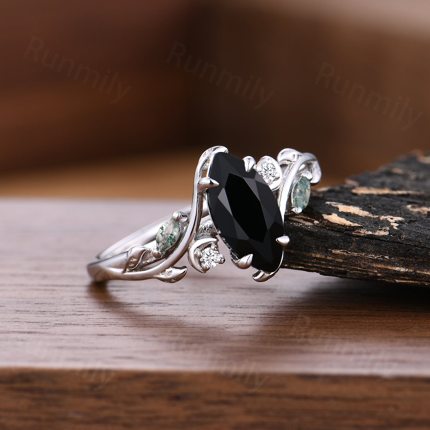 Marquise cut Black onyx engagement ring Moon and leaf Ring Unique moss agate ring Black gemstone Bridal ring Promise Anniversary ring